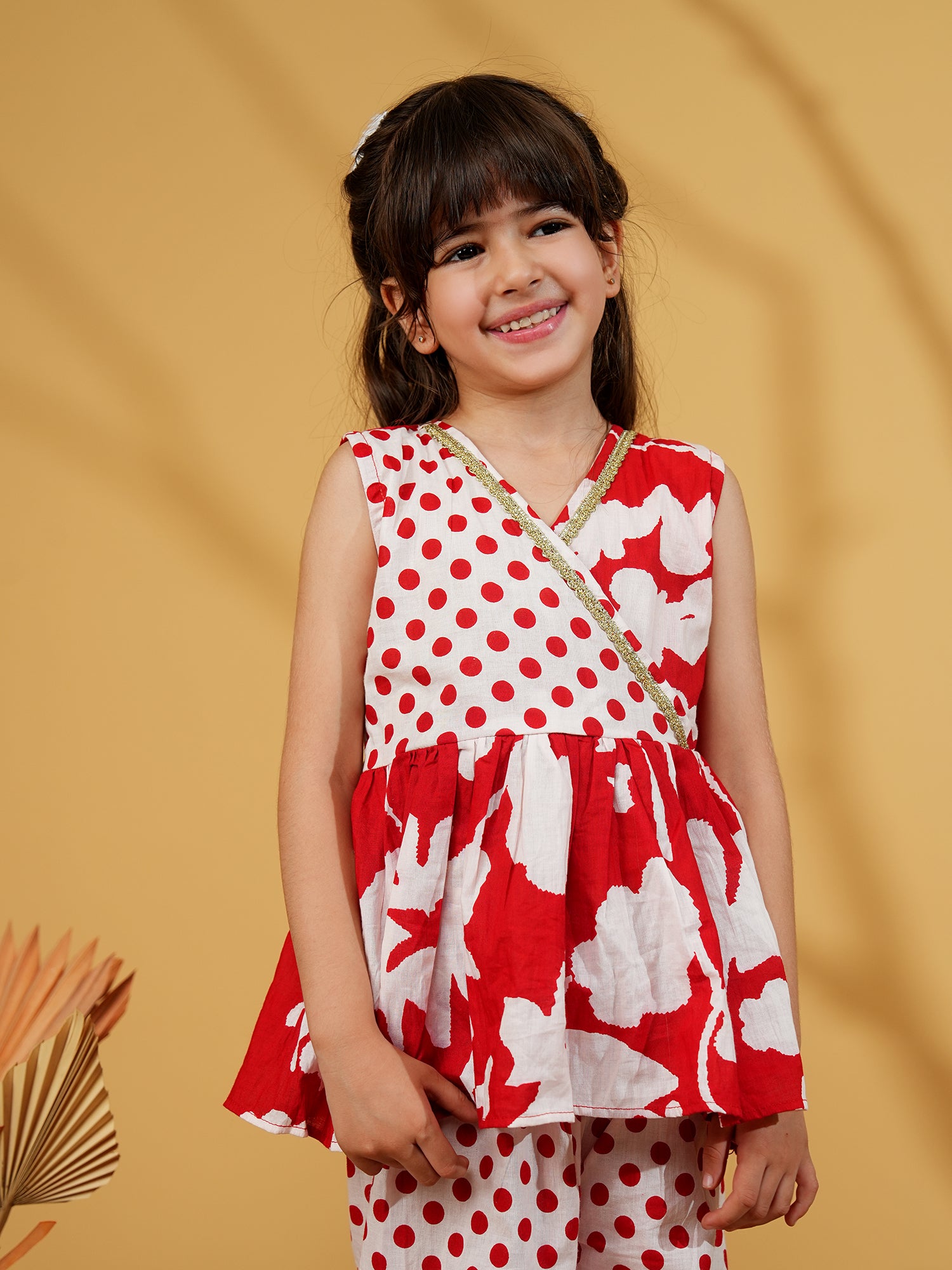 Red Cotton Sleeveless Polka Dot Print Girls Co-Ords