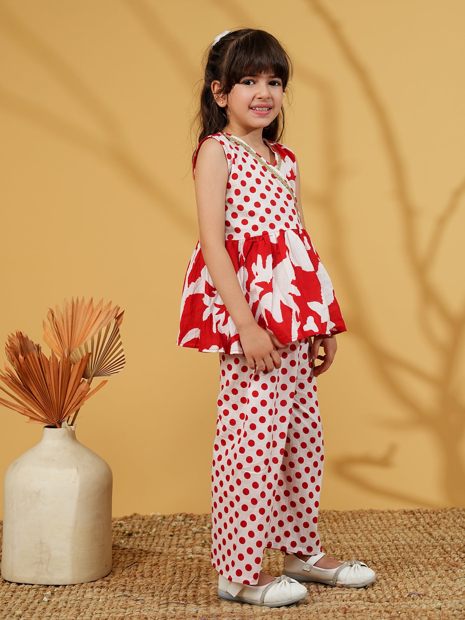 Red Cotton Sleeveless Polka Dot Print Girls Co-Ords