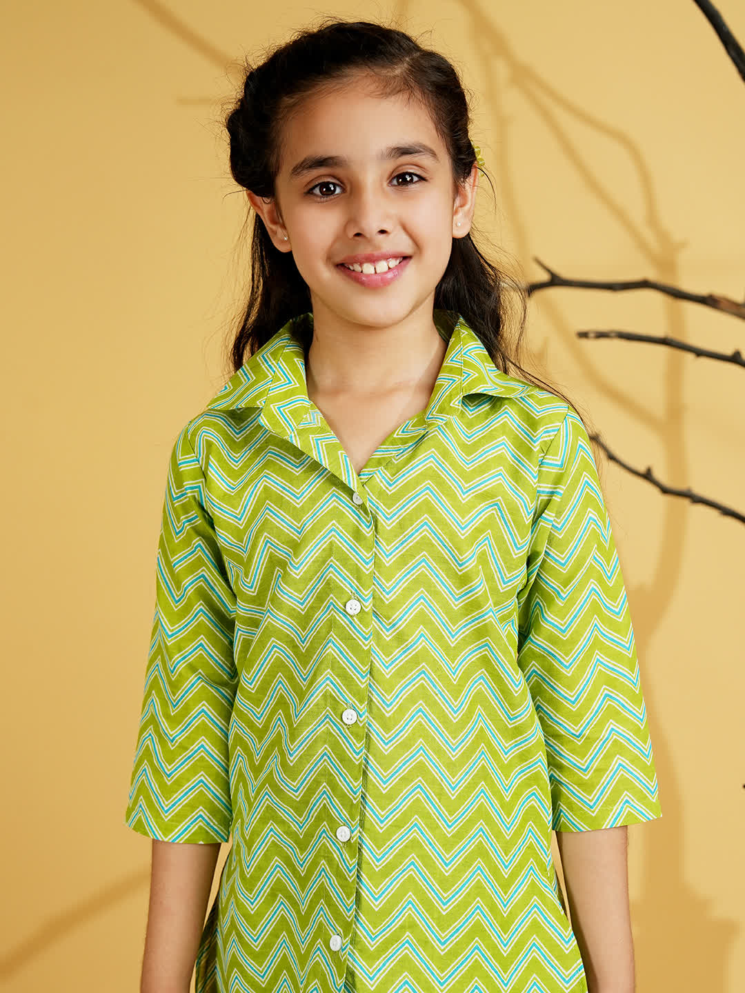 Green Cotton 3/4th Sleeves Zig-zag Printed Girls Co-Ords