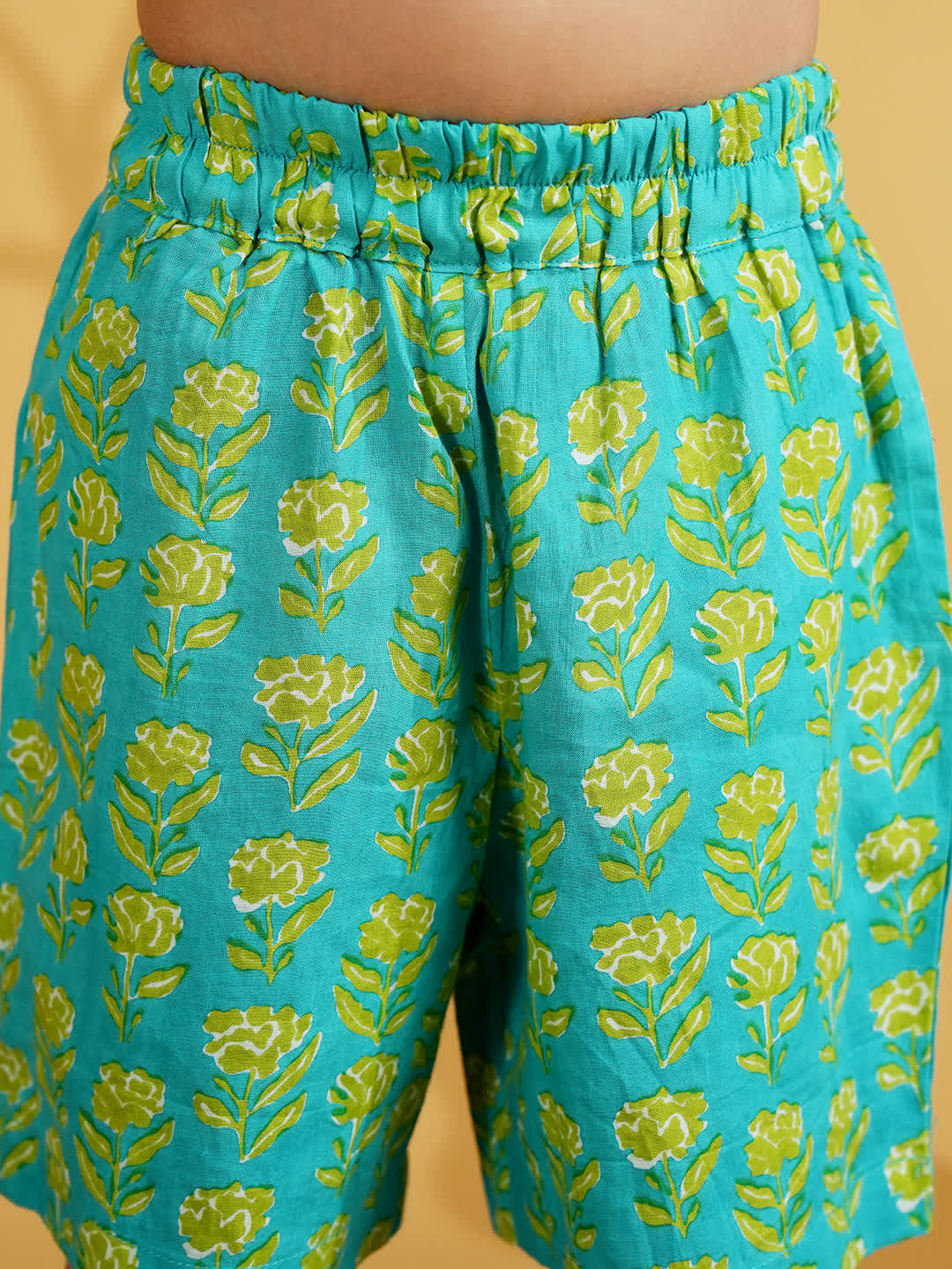 Green Cotton Half Sleeves Floral Printed Girls Co-Ords - AJ Dezines
