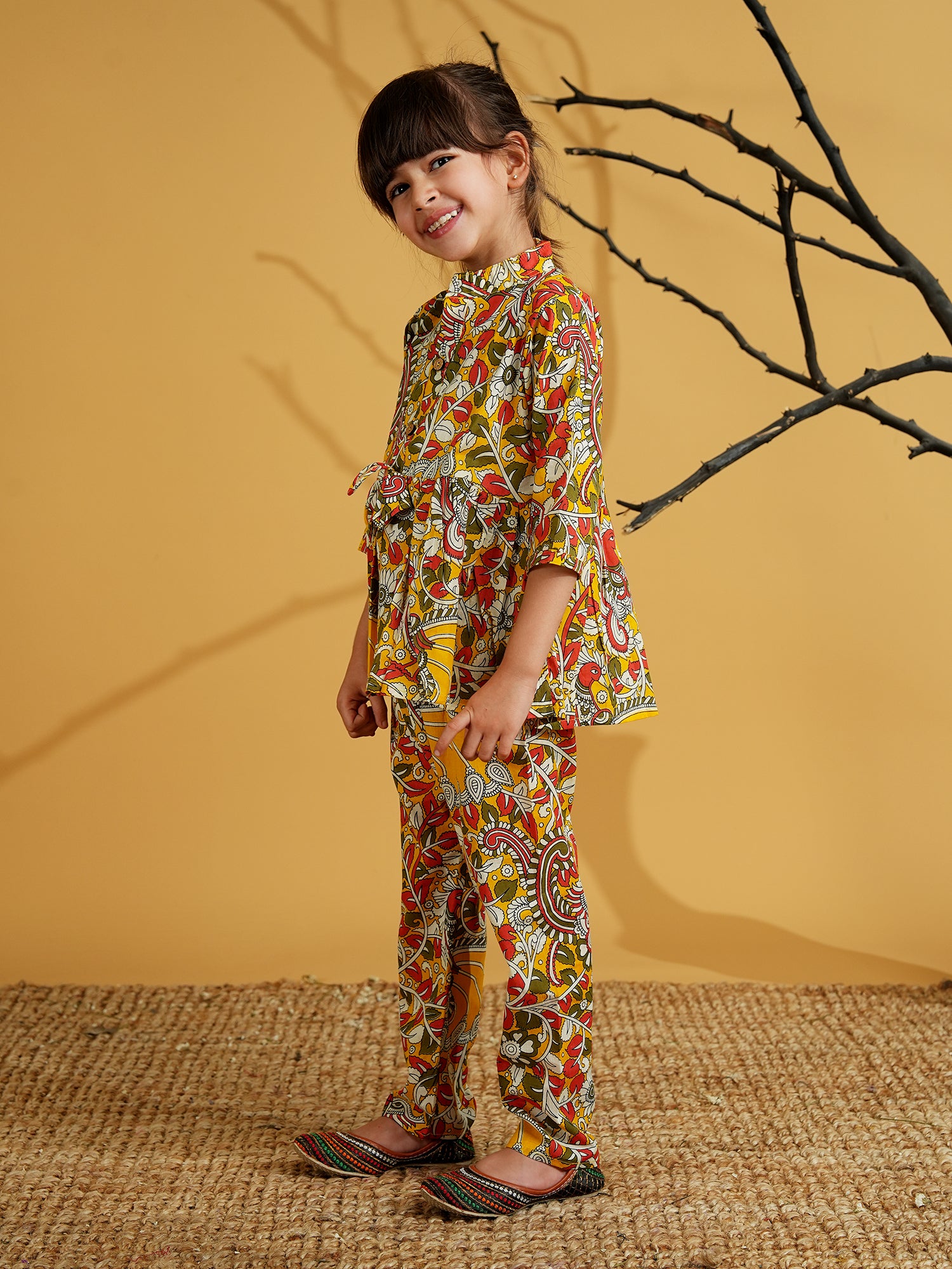 Multi Color Cotton 3/4th Sleeves Floral Print Girls Co-Ords - AJ Dezines
