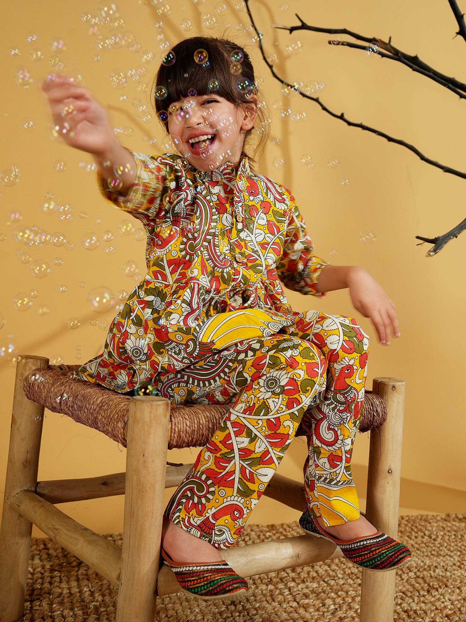 Multi Color Cotton 3/4th Sleeves Floral Print Girls Co-Ords - AJ Dezines
