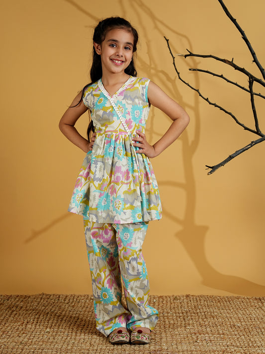 AJ Dezines Blue Cotton Sleeveless Floral Print and Lace Work Girls Co-Ords