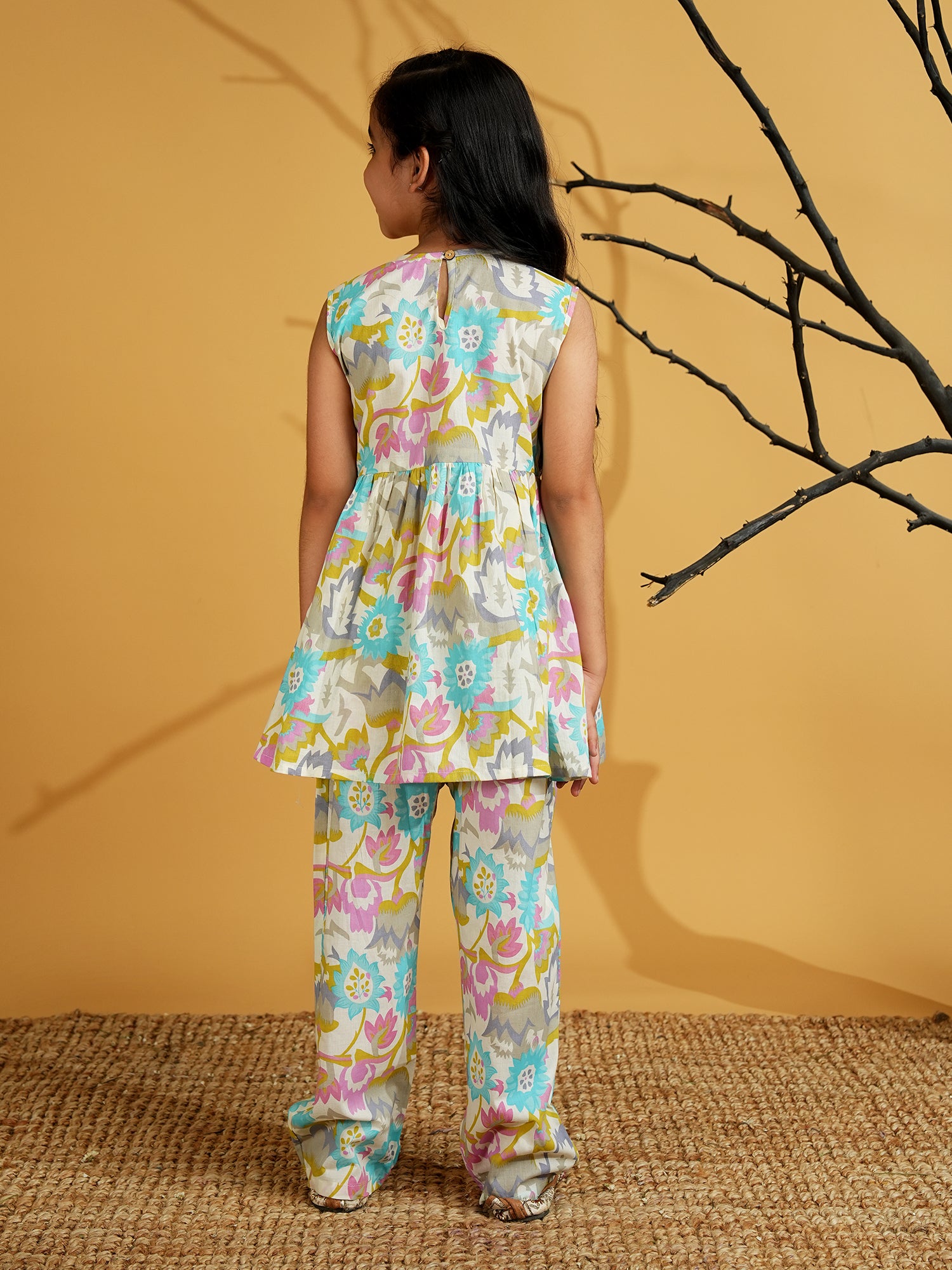 Blue Cotton Sleeveless Floral Print and Lace Work Girls Co-Ords - AJ Dezines