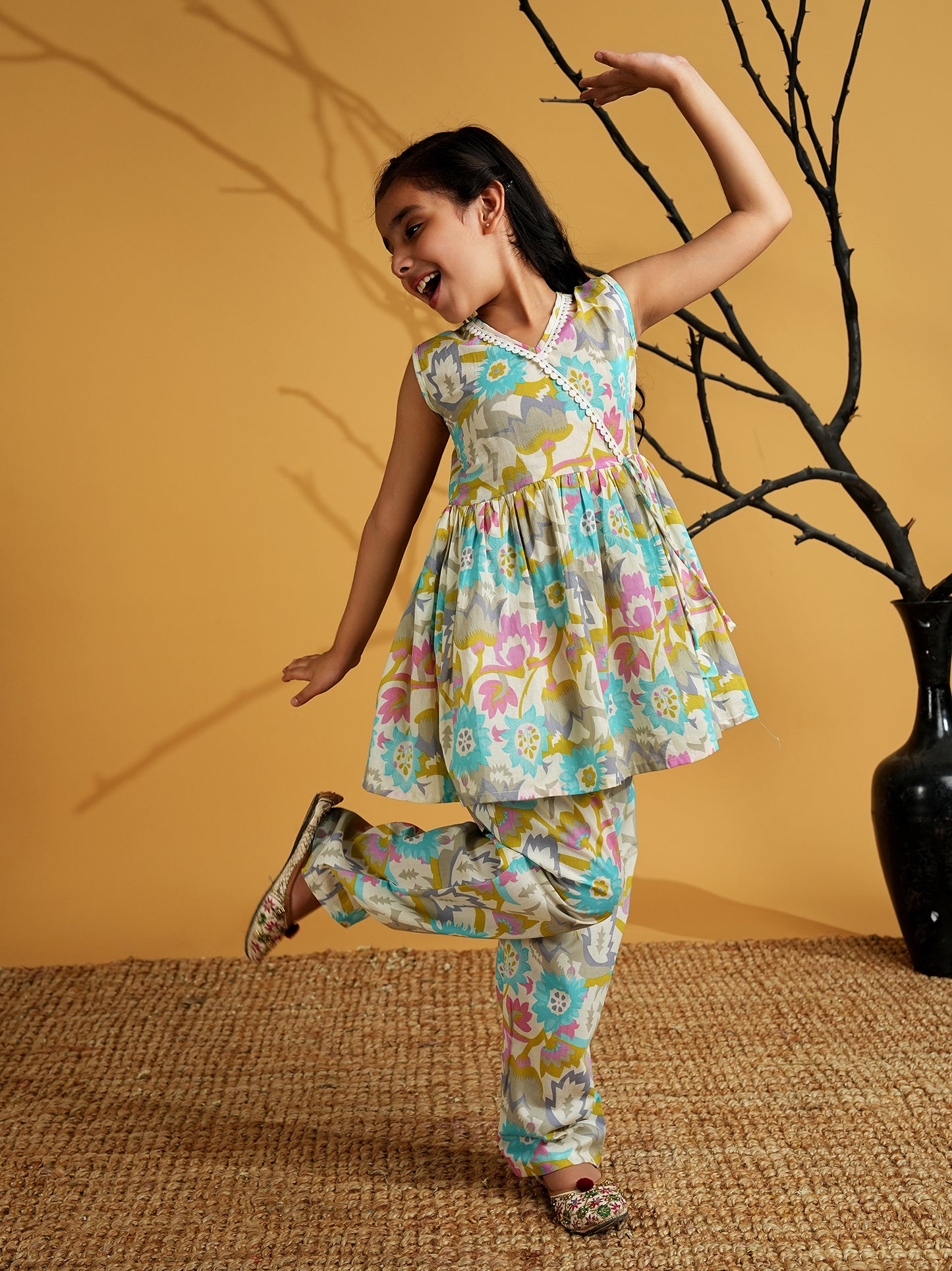 AJ Dezines Blue Cotton Sleeveless Floral Print and Lace Work Girls Co-Ords