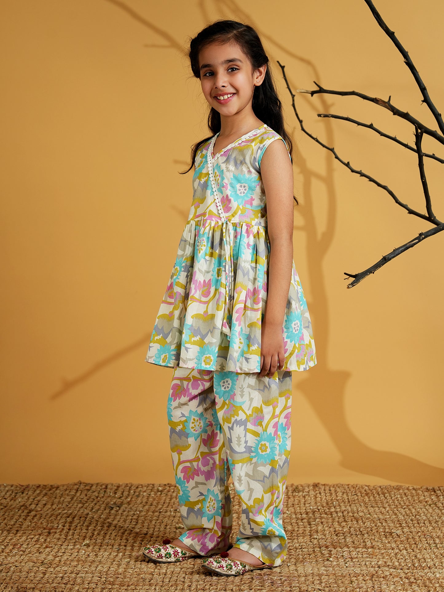 AJ Dezines Blue Cotton Sleeveless Floral Print and Lace Work Girls Co-Ords