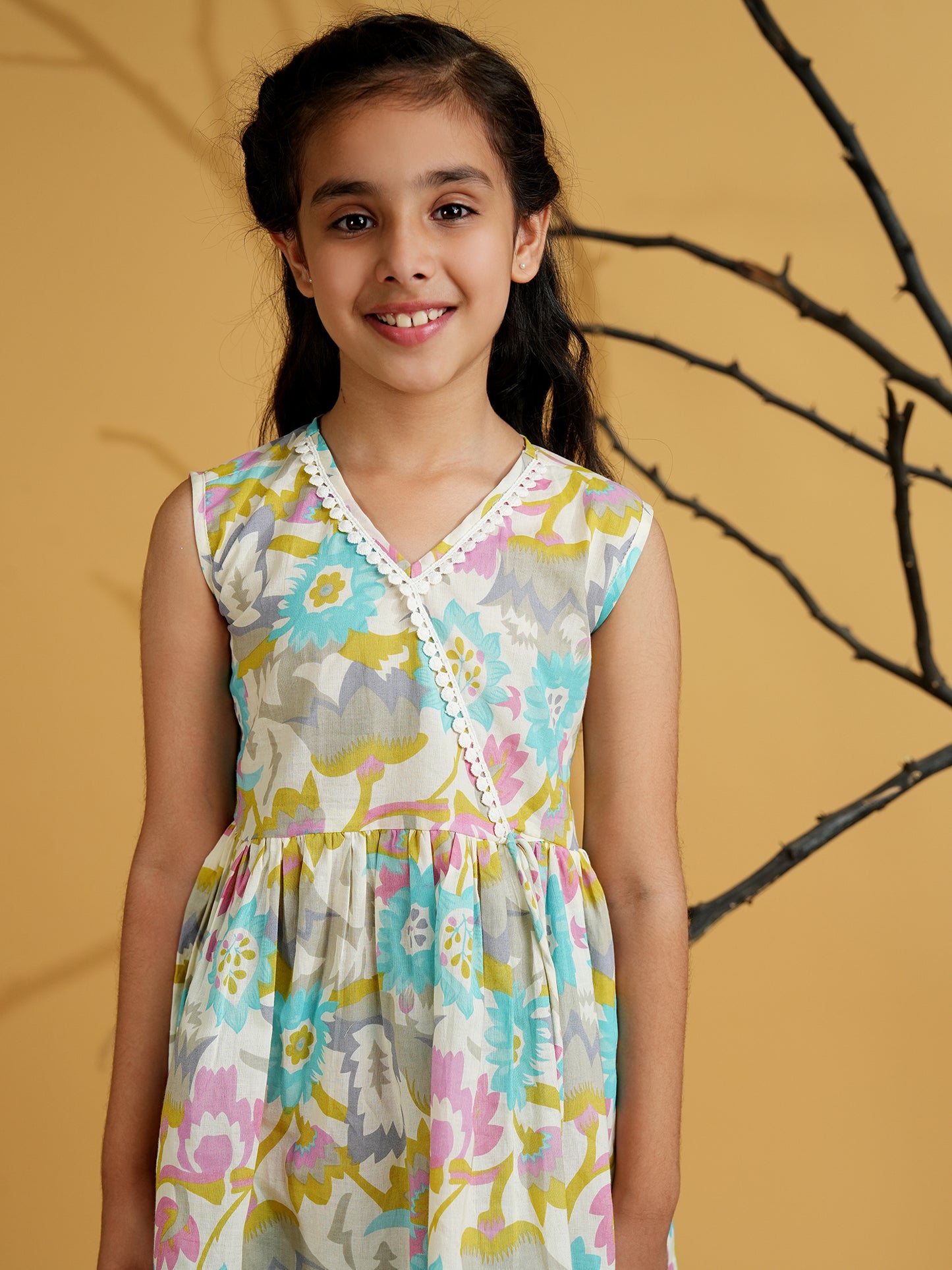 AJ Dezines Blue Cotton Sleeveless Floral Print and Lace Work Girls Co-Ords