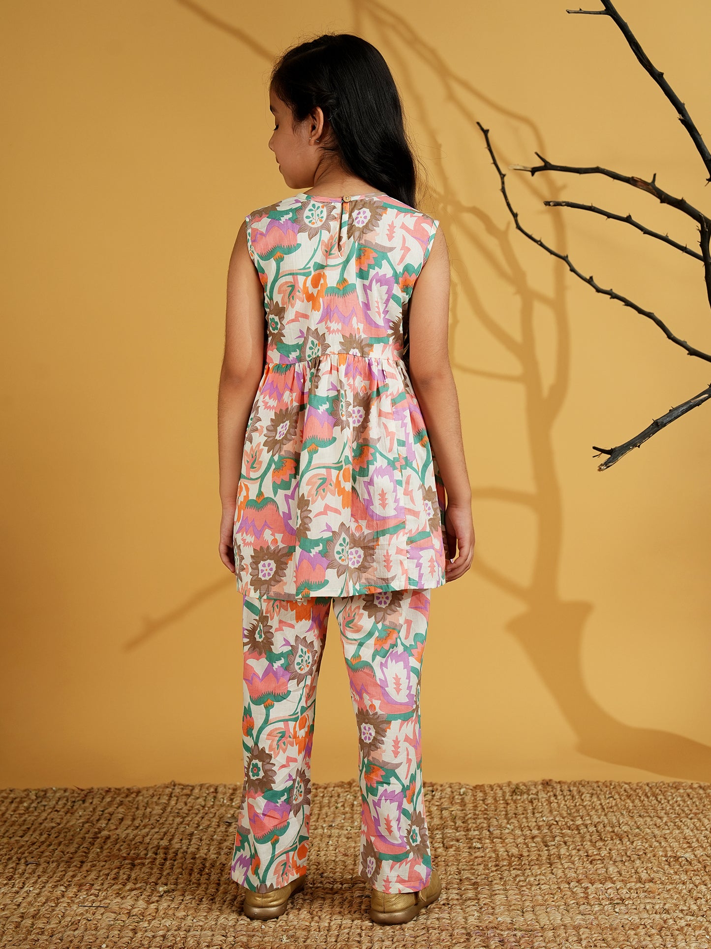 AJ Dezines Pink Cotton Sleeveless Floral Print with Lace Work Girls Co-Ords