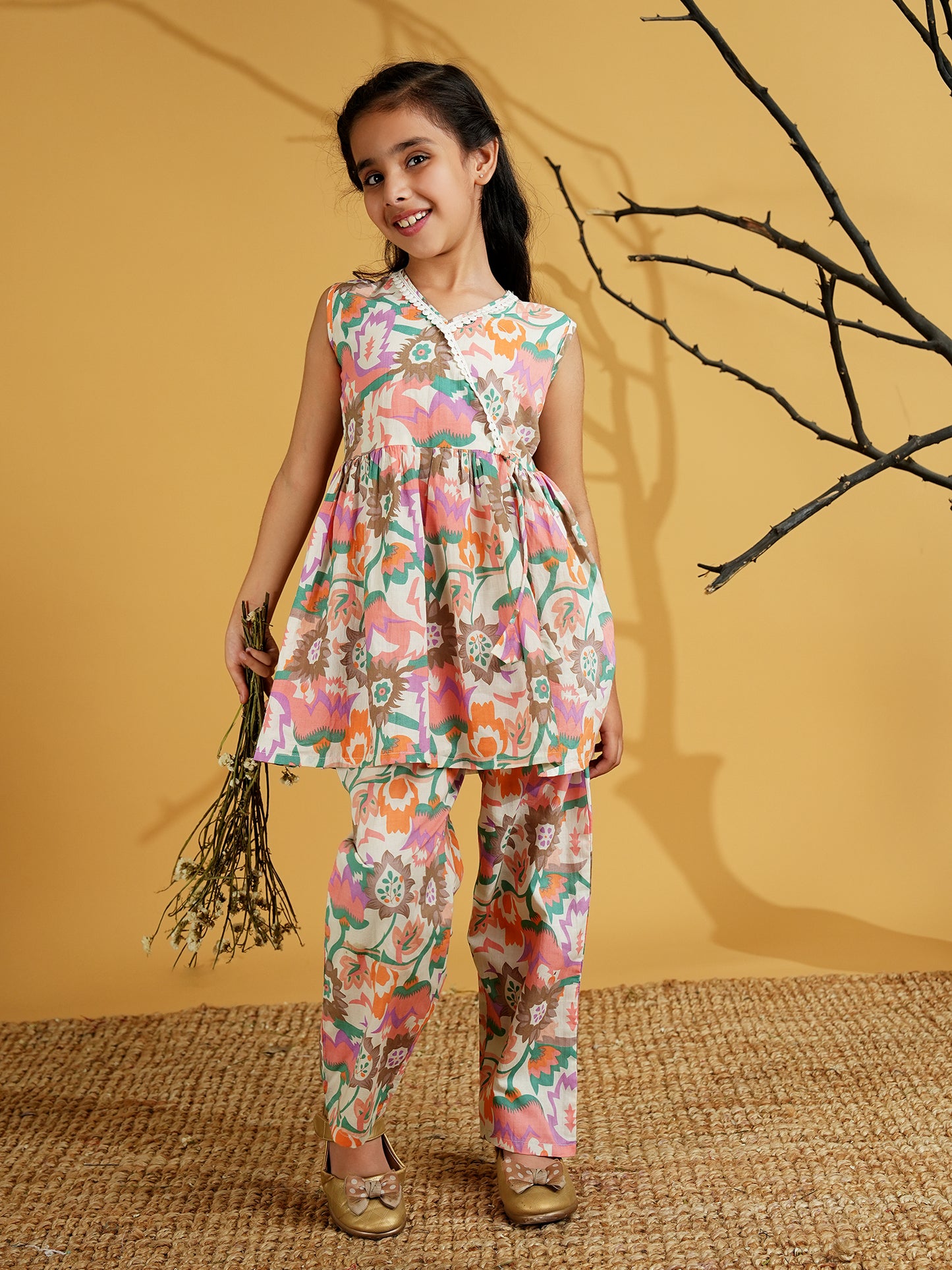 AJ Dezines Pink Cotton Sleeveless Floral Print with Lace Work Girls Co-Ords