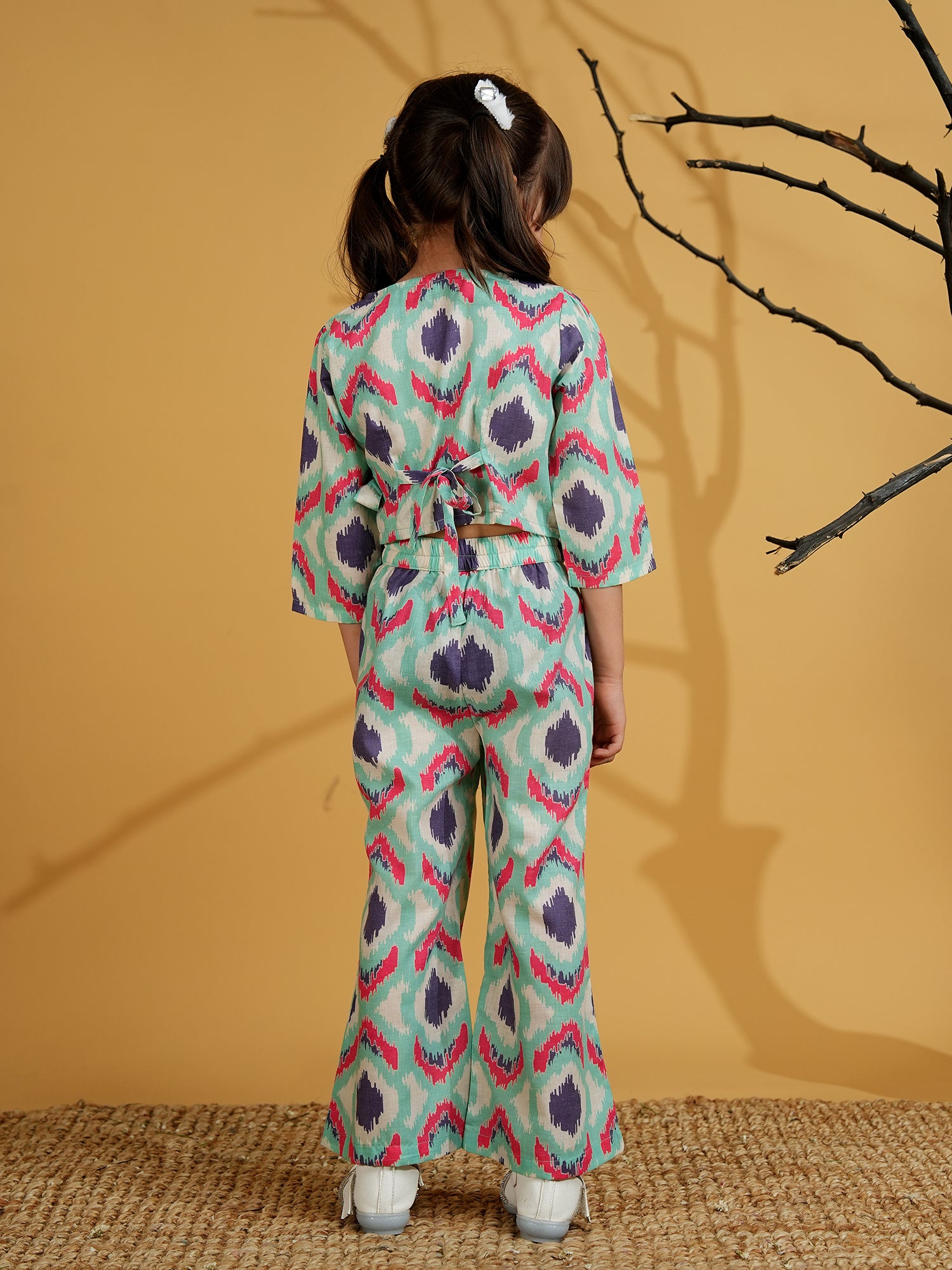 Blue Cotton 3/4th Sleeves Abstract Printed Girls Co-Ords