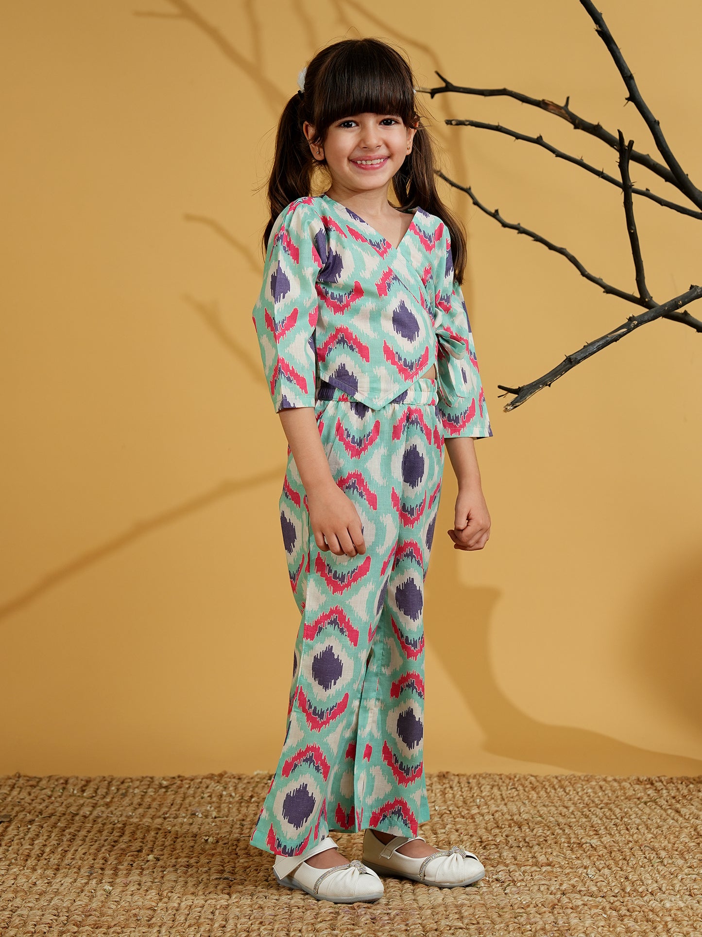 AJ Dezines Blue Cotton 3/4th Sleeves Abstract Printed Girls Co-Ords