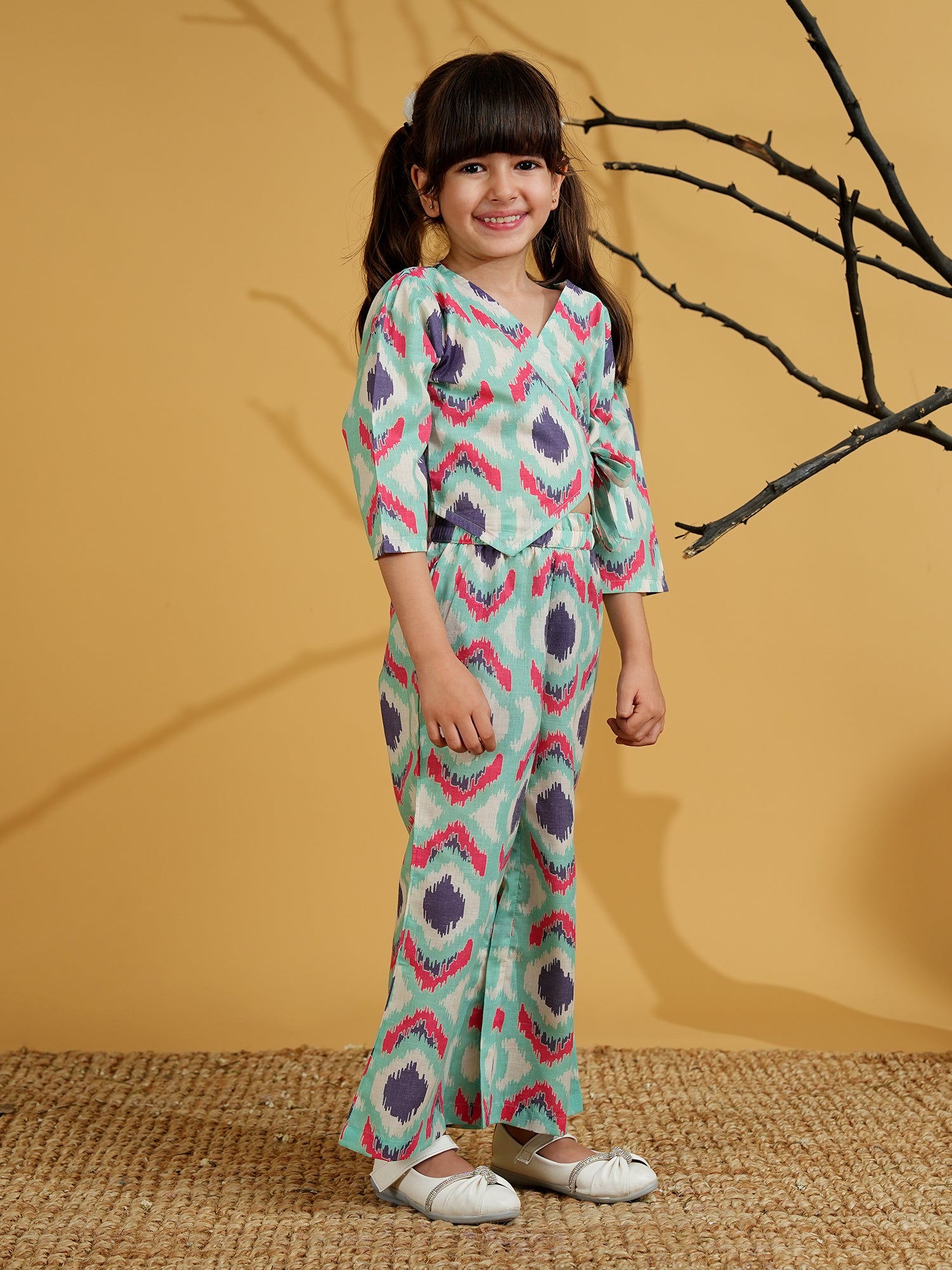 Blue Cotton 3/4th Sleeves Abstract Printed Girls Co-Ords - AJ Dezines