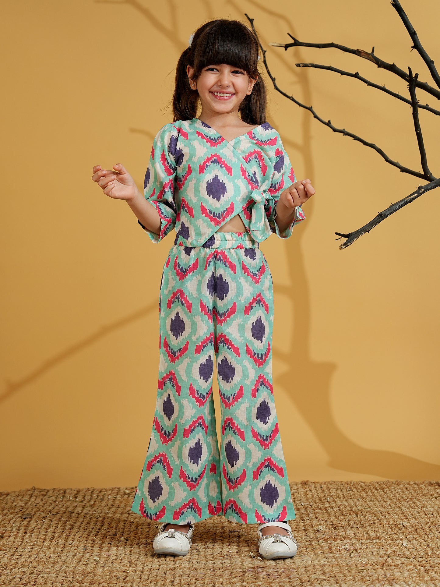 AJ Dezines Blue Cotton 3/4th Sleeves Abstract Printed Girls Co-Ords