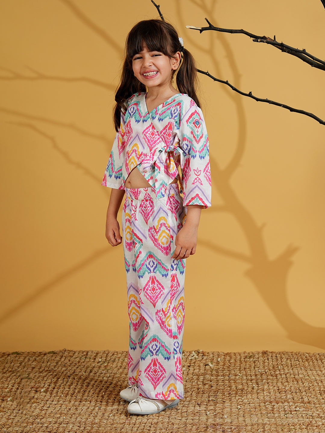 AJ Dezines Pink Cotton 3/4th Sleeves Abstract Printed Girls Co-Ords