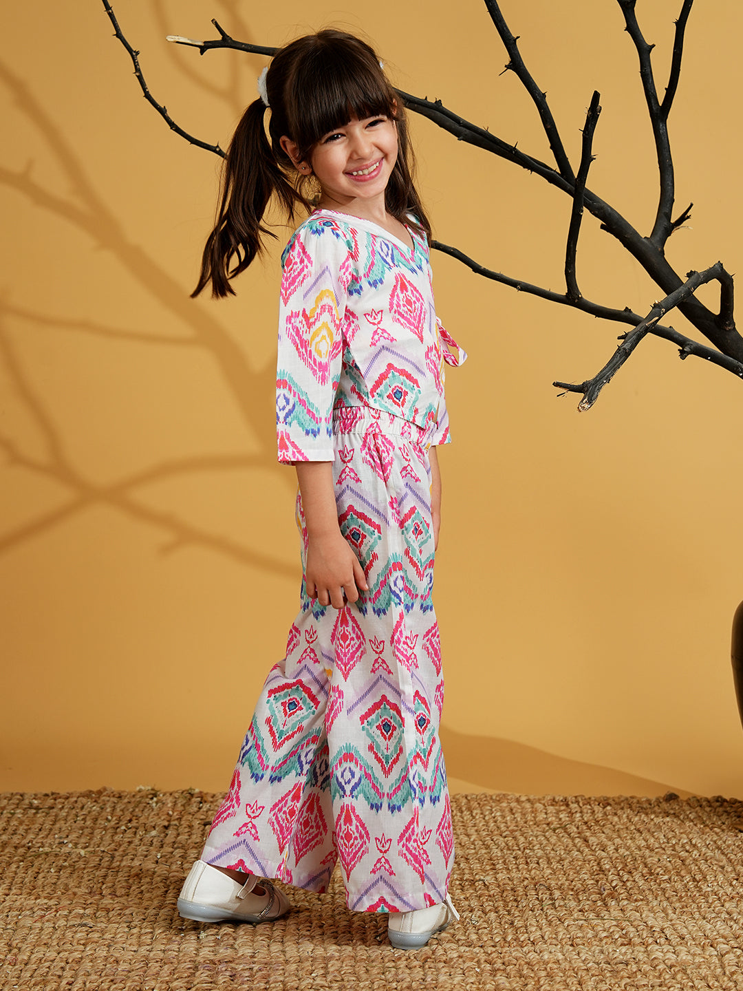AJ Dezines Pink Cotton 3/4th Sleeves Abstract Printed Girls Co-Ords