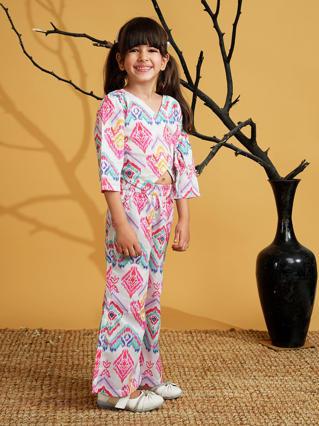 AJ Dezines Pink Cotton 3/4th Sleeves Abstract Printed Girls Co-Ords