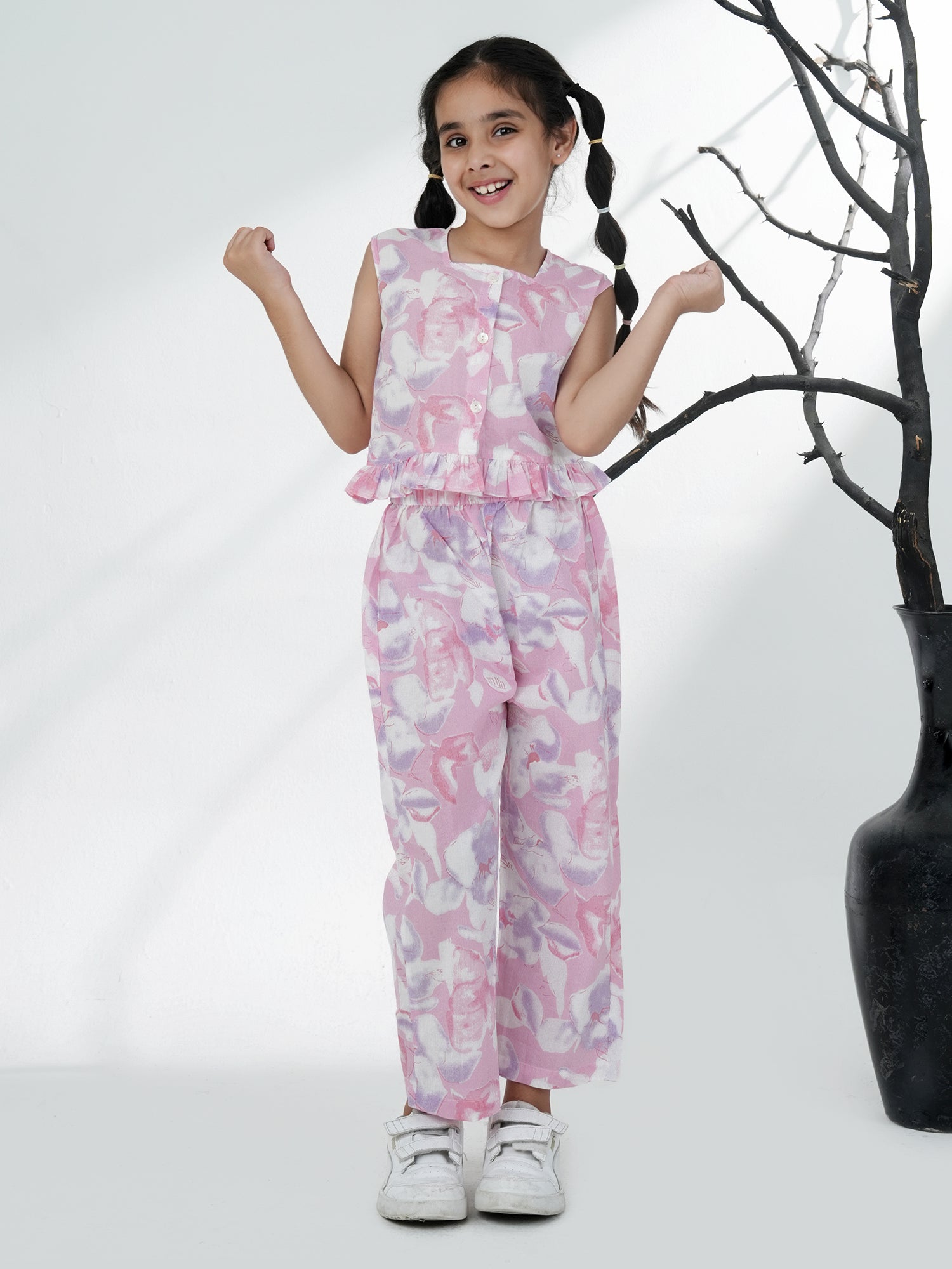 Pink Cotton Sleeveless Floral Printed Girls Co-Ords - AJ Dezines
