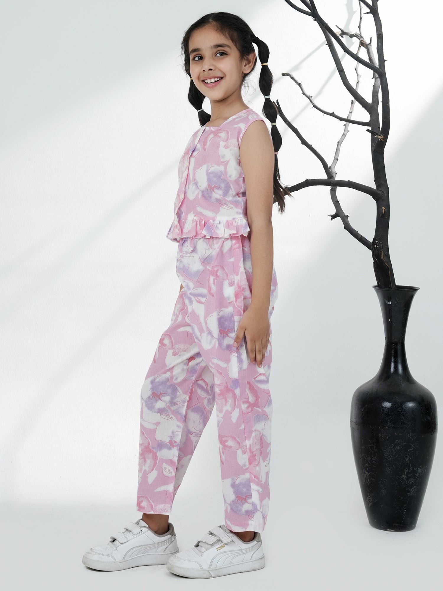 Pink Cotton Sleeveless Floral Printed Girls Co-Ords - AJ Dezines