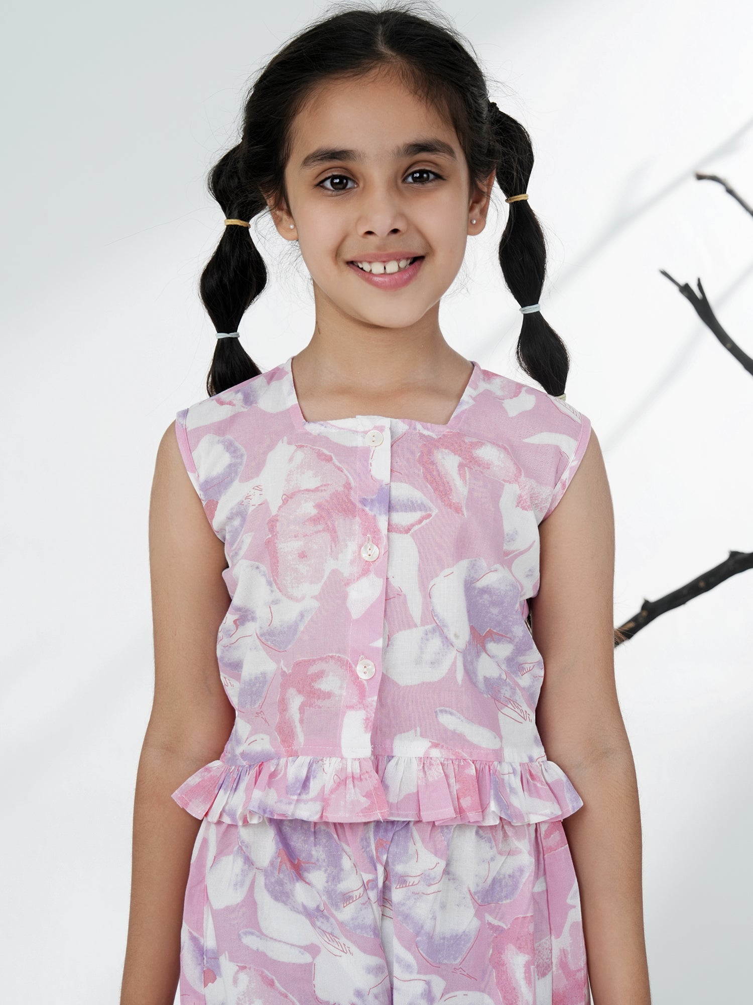 Pink Cotton Sleeveless Floral Printed Girls Co-Ords - AJ Dezines