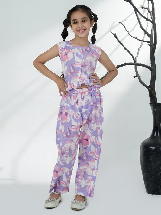 AJ Dezines Purple Cotton Sleeveless Floral Printed Girls Co-Ords