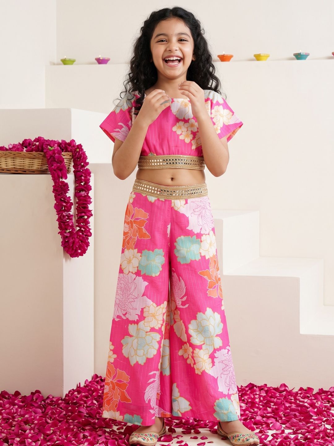 Pink Cotton Blend Half Sleeves Printed Girls Co-Ords
