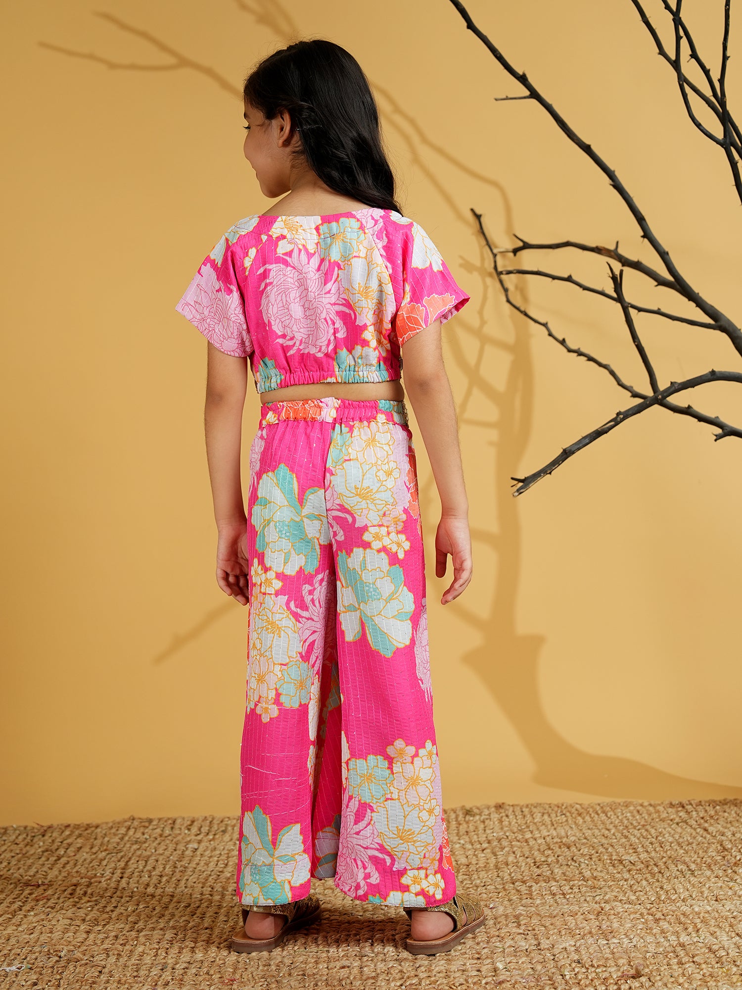 Pink Cotton Blend Half Sleeves Printed Girls Co-Ords