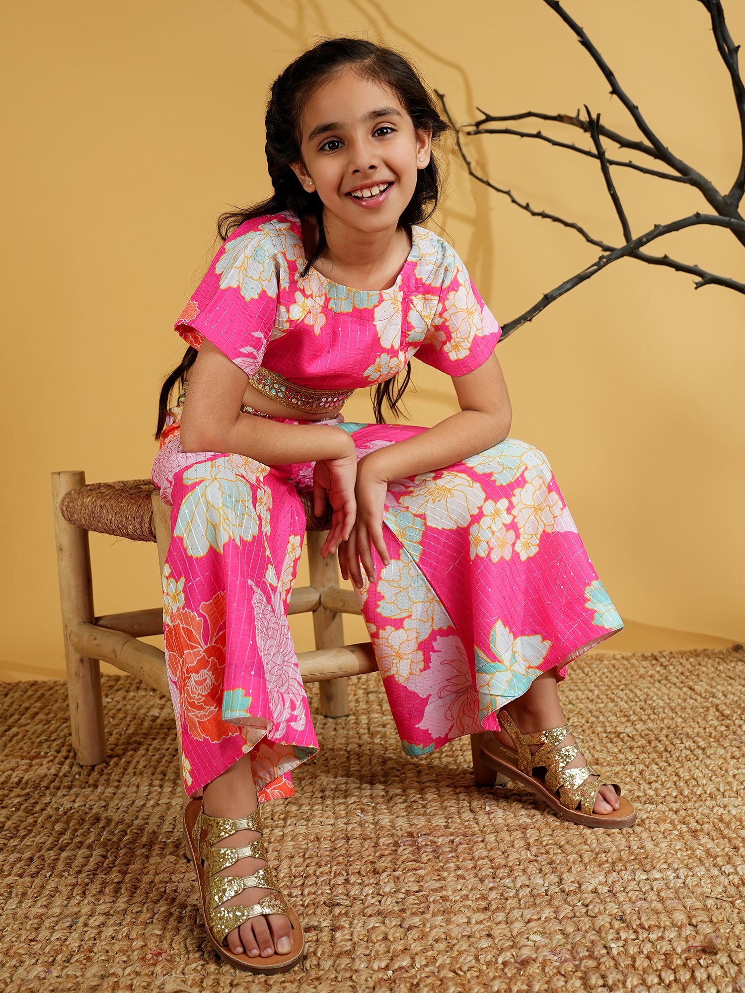 Pink Cotton Blend Half Sleeves Printed Girls Co-Ords