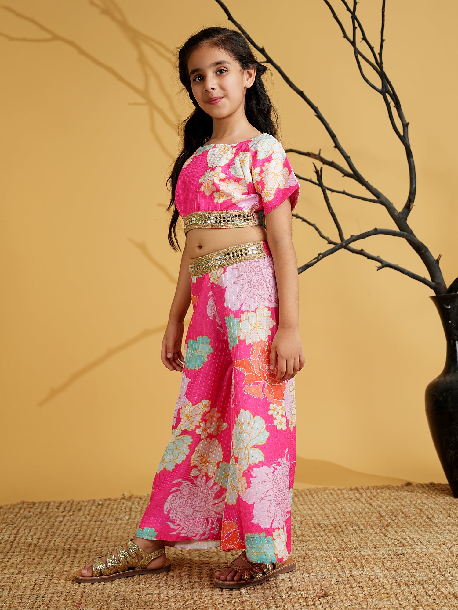 Pink Cotton Blend Half Sleeves Printed Girls Co-Ords