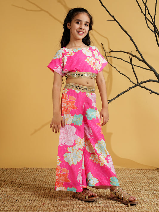 AJ Dezines Pink Cotton Blend Half Sleeves Printed Girls Co-Ords