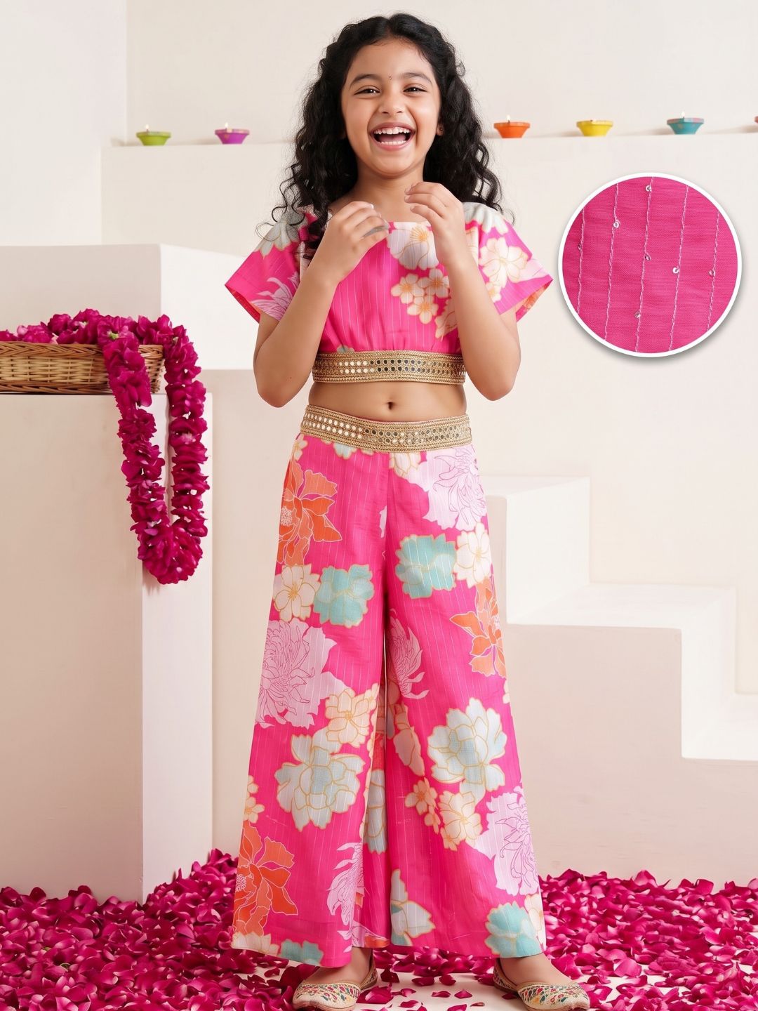 Pink Cotton Blend Half Sleeves Printed Girls Co-Ords