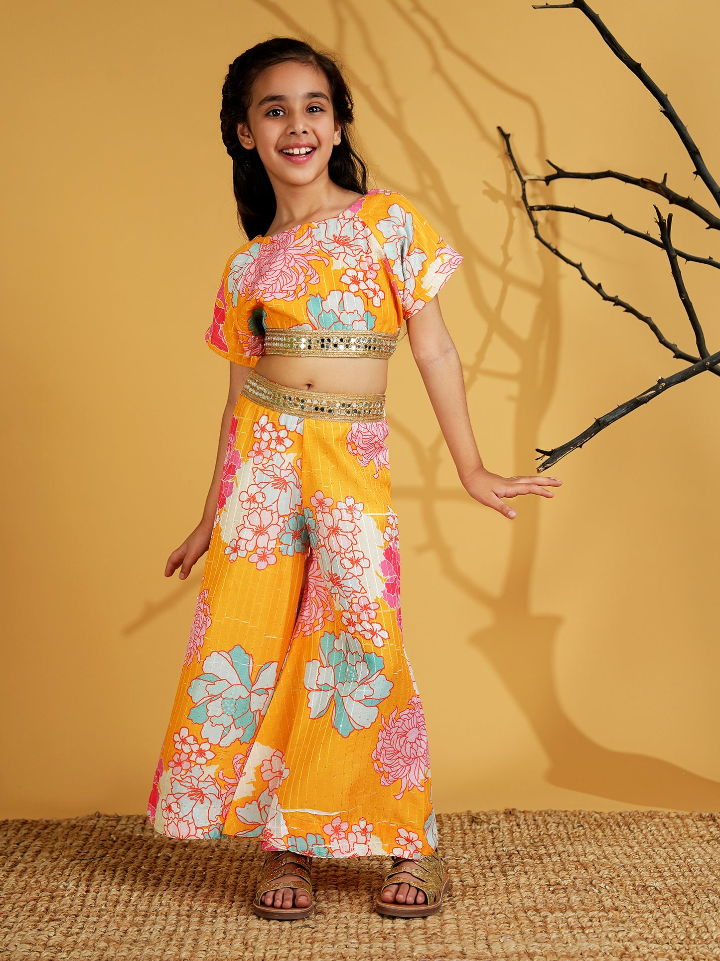 AJ Dezines Yellow Cotton Blend Half Sleeves Printed Girls Co-Ords with Lace work