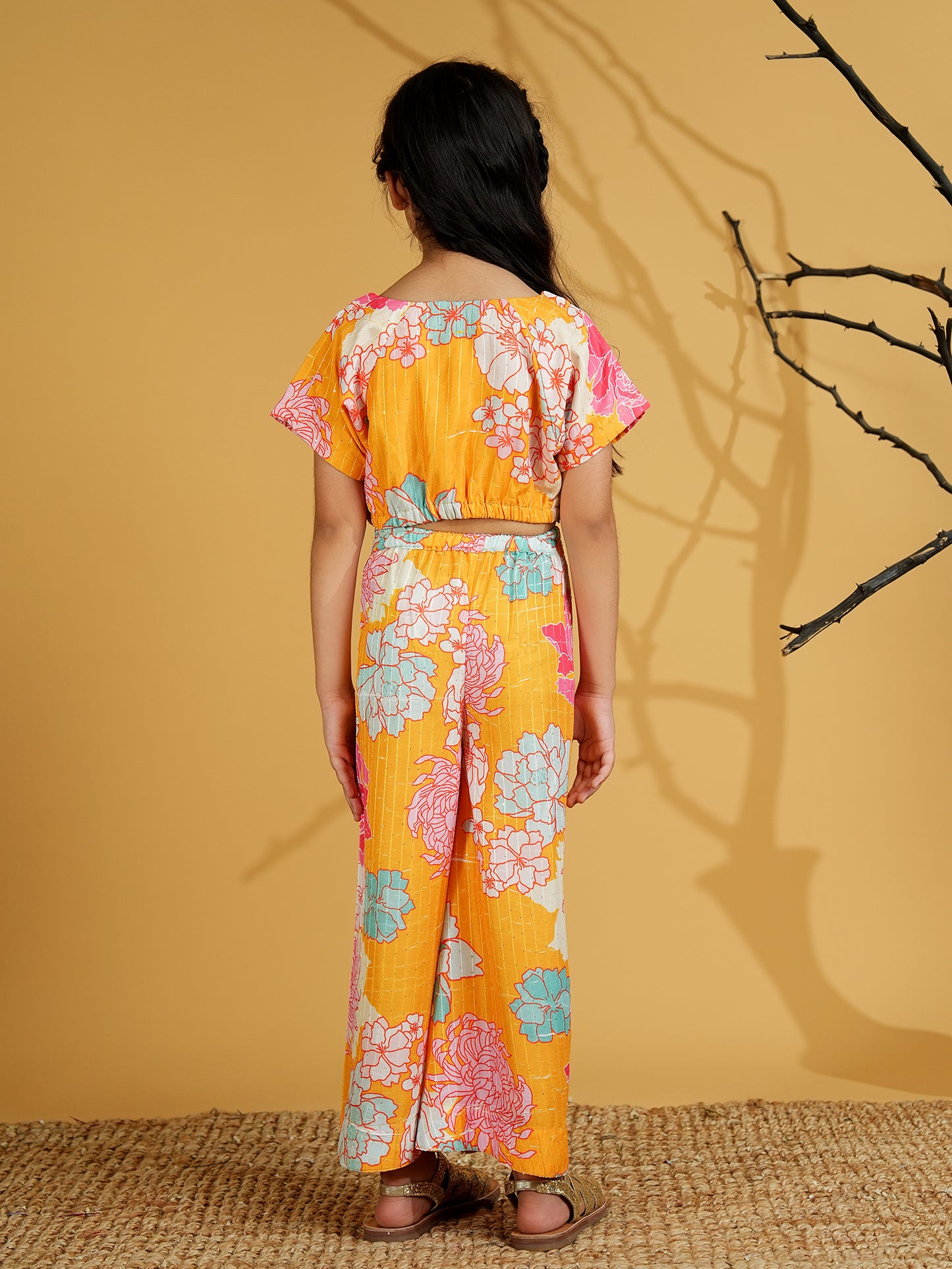 AJ Dezines Yellow Cotton Blend Half Sleeves Printed Girls Co-Ords with Lace work