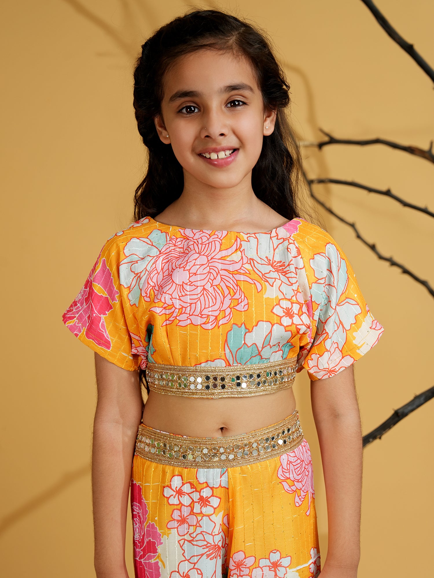 Yellow Cotton Blend Half Sleeves Printed Girls Co-Ords with Lace work
