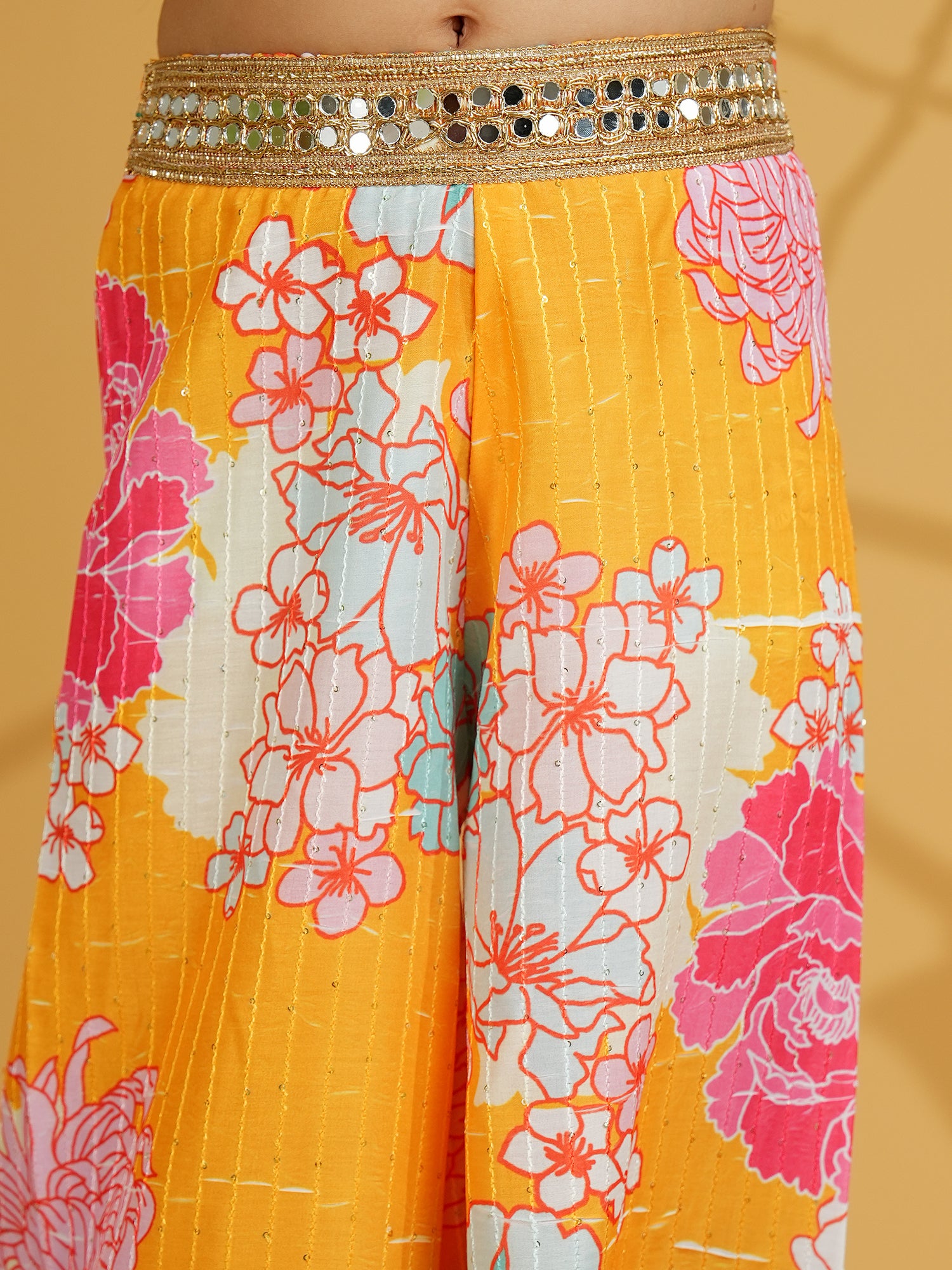 Yellow Cotton Blend Half Sleeves Printed Girls Co-Ords with Lace work