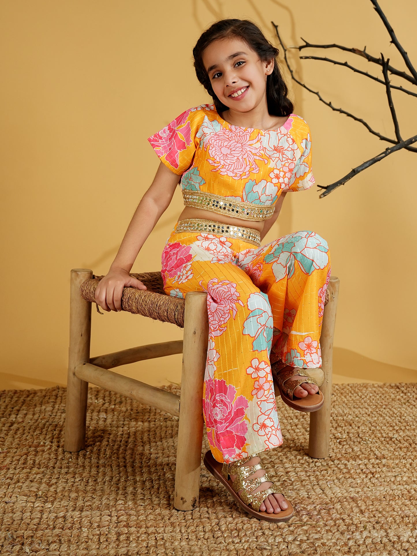 AJ Dezines Yellow Cotton Blend Half Sleeves Printed Girls Co-Ords with Lace work