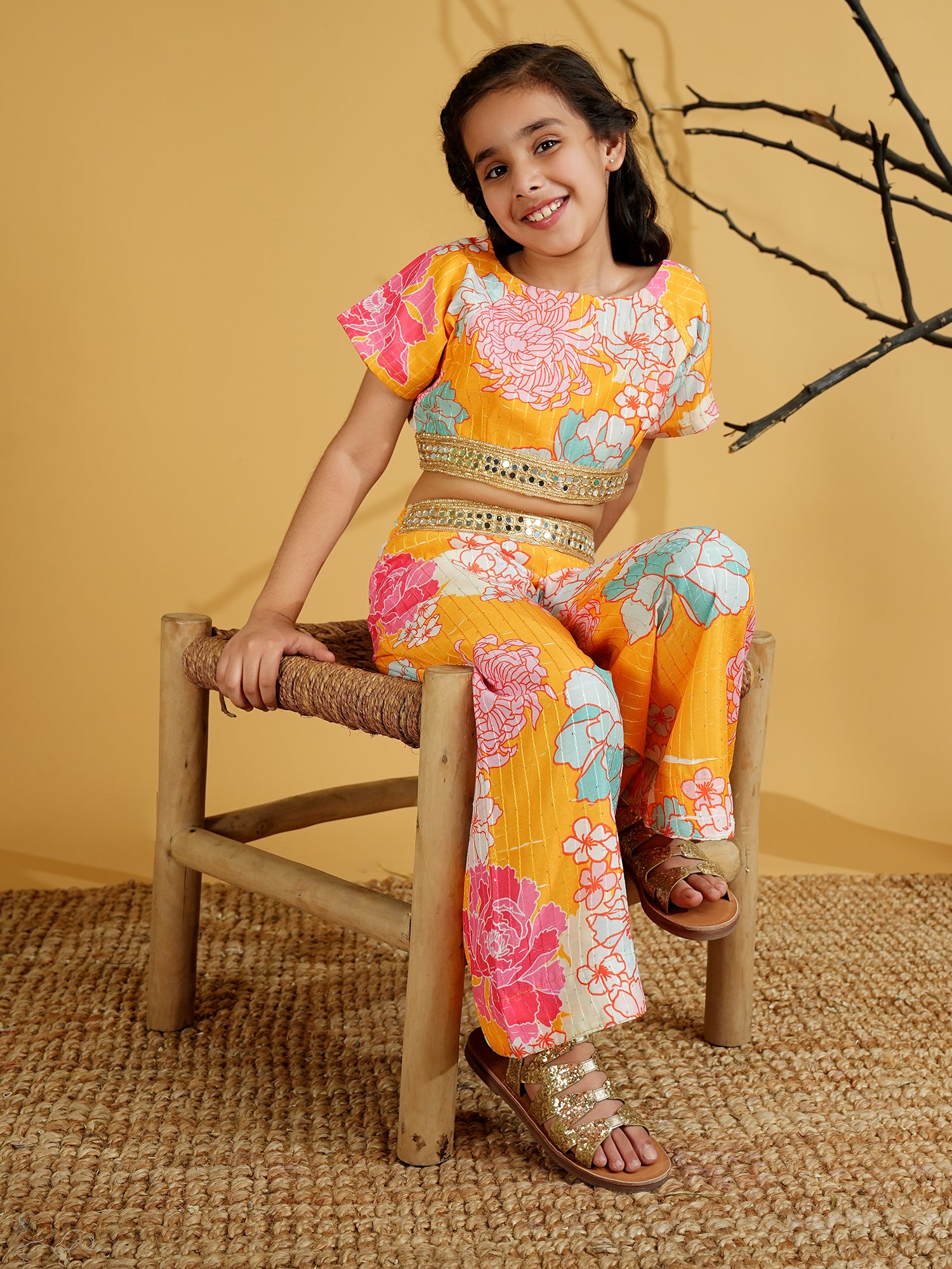Yellow Cotton Blend Half Sleeves Printed Girls Co-Ords with Lace work