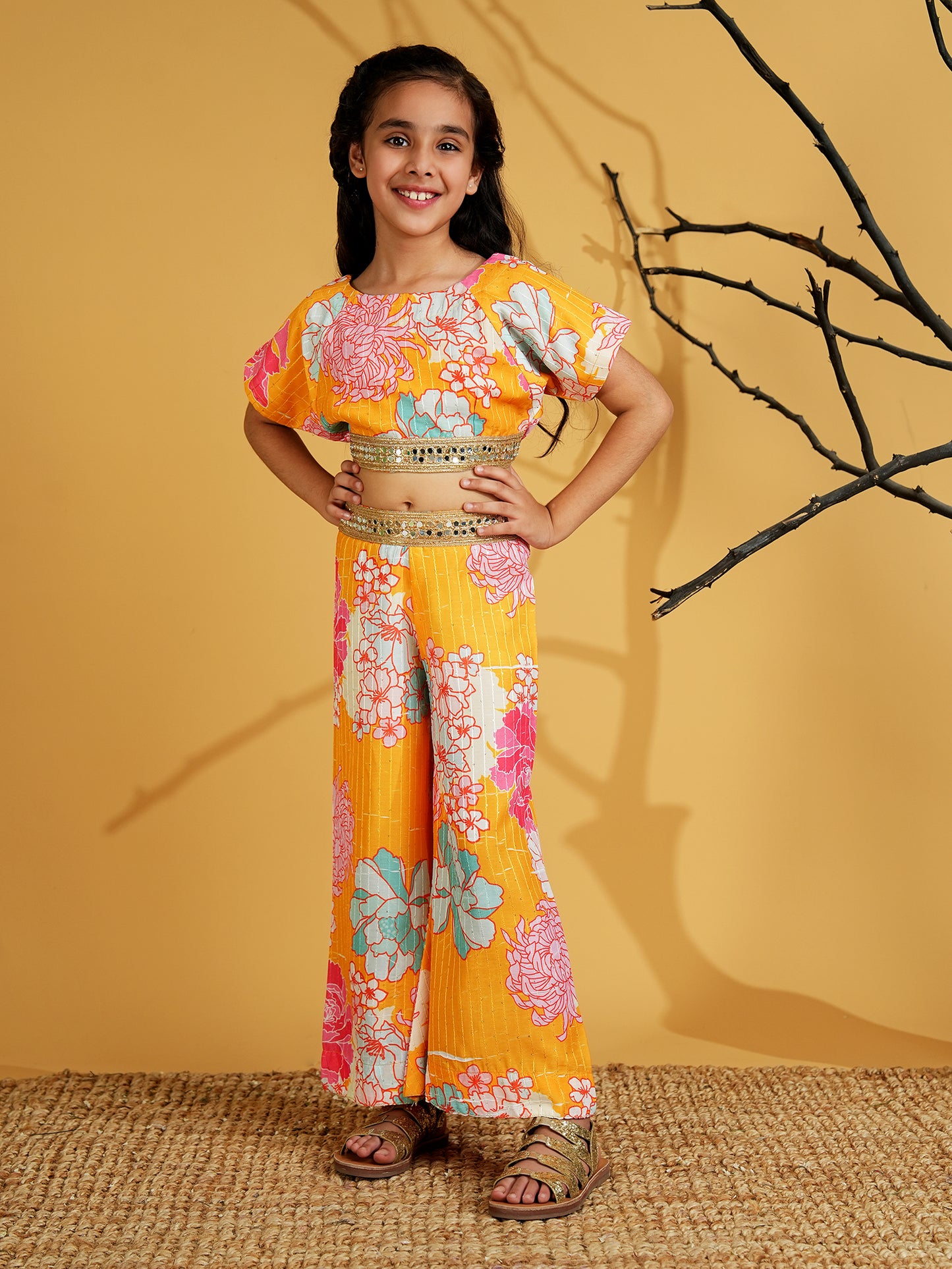 AJ Dezines Yellow Cotton Blend Half Sleeves Printed Girls Co-Ords with Lace work