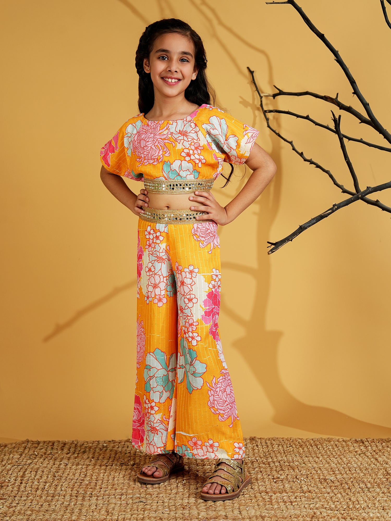 Yellow Cotton Blend Half Sleeves Printed Girls Co-Ords with Lace work