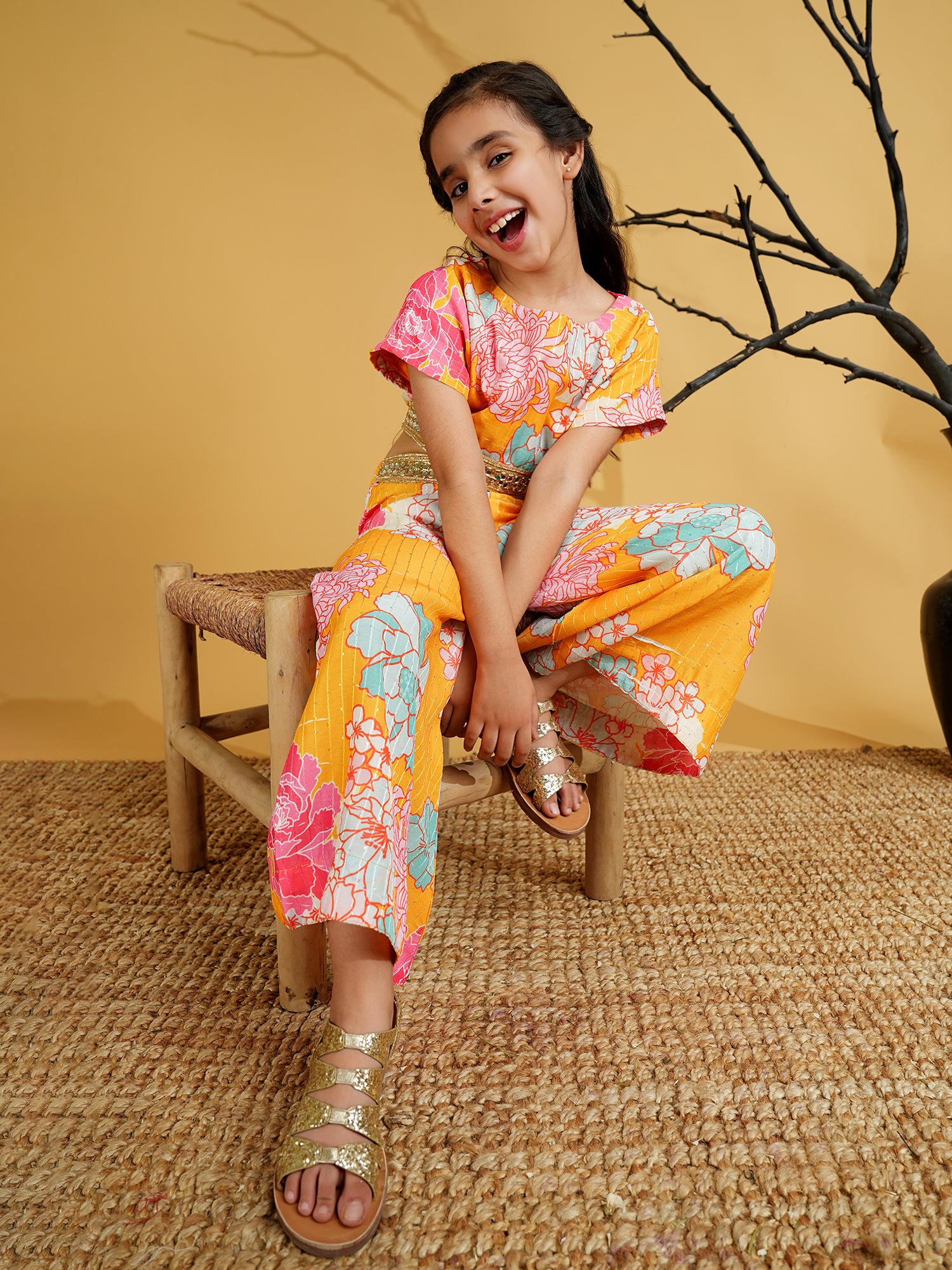 Yellow Cotton Blend Half Sleeves Printed Girls Co-Ords with Lace work