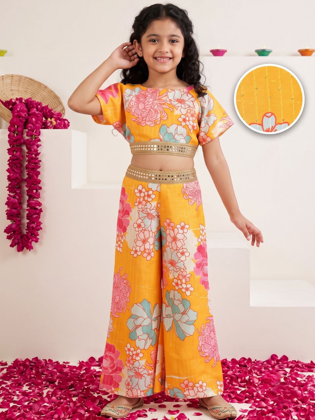 Yellow Cotton Blend Half Sleeves Printed Girls Co-Ords with Lace work