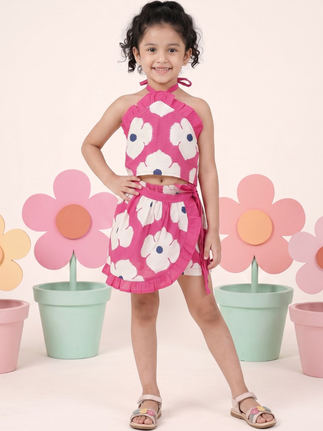 Pink Cotton Sleeveless Floral Printed Girls Top and Skort Co-Ords