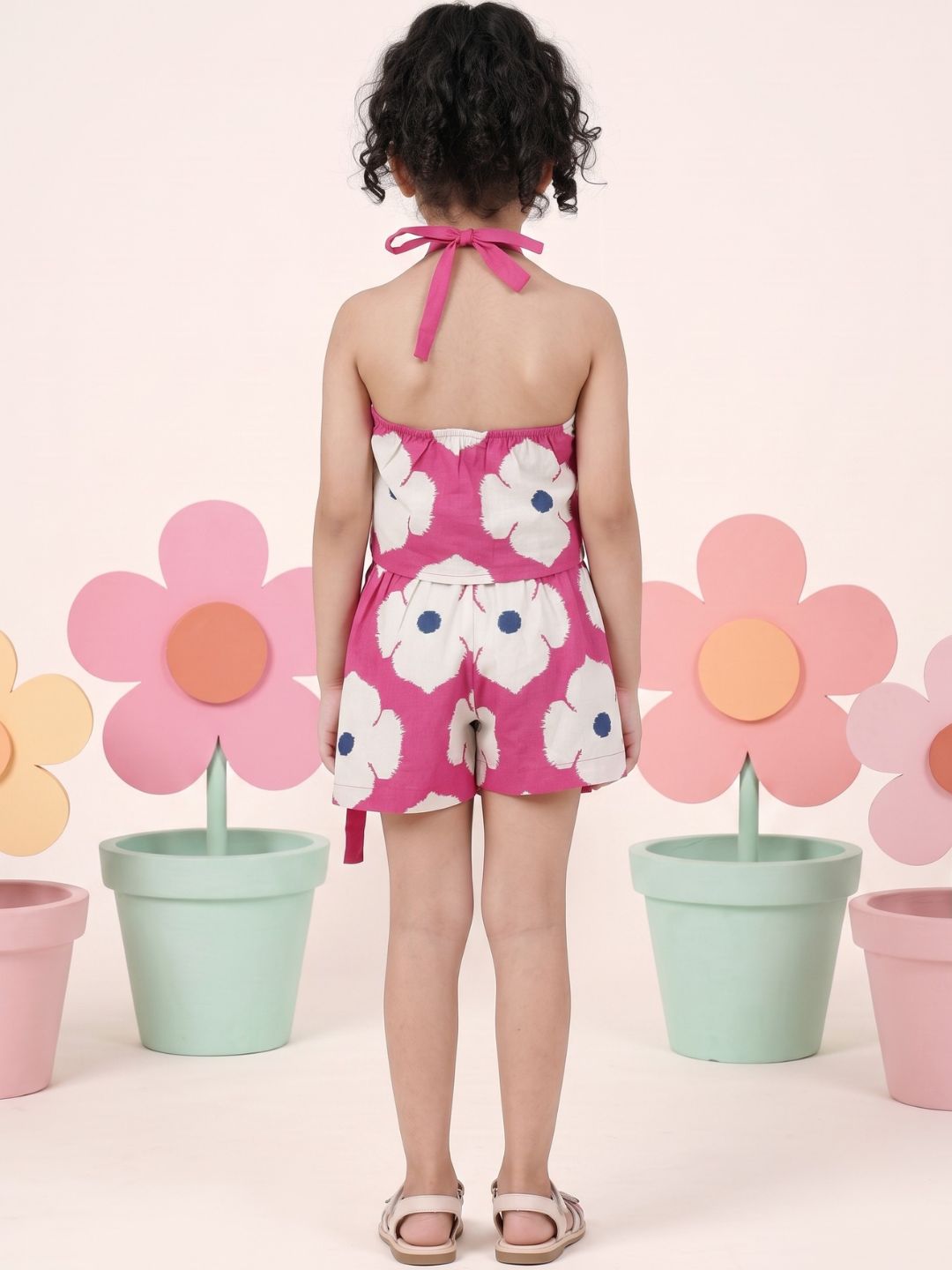 Pink Cotton Sleeveless Floral Printed Girls Top and Skort Co-Ords