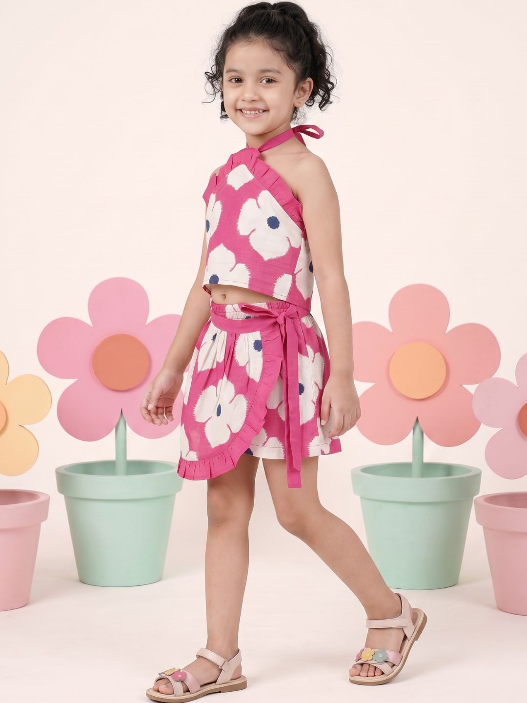 Pink Cotton Sleeveless Floral Printed Girls Top and Skort Co-Ords