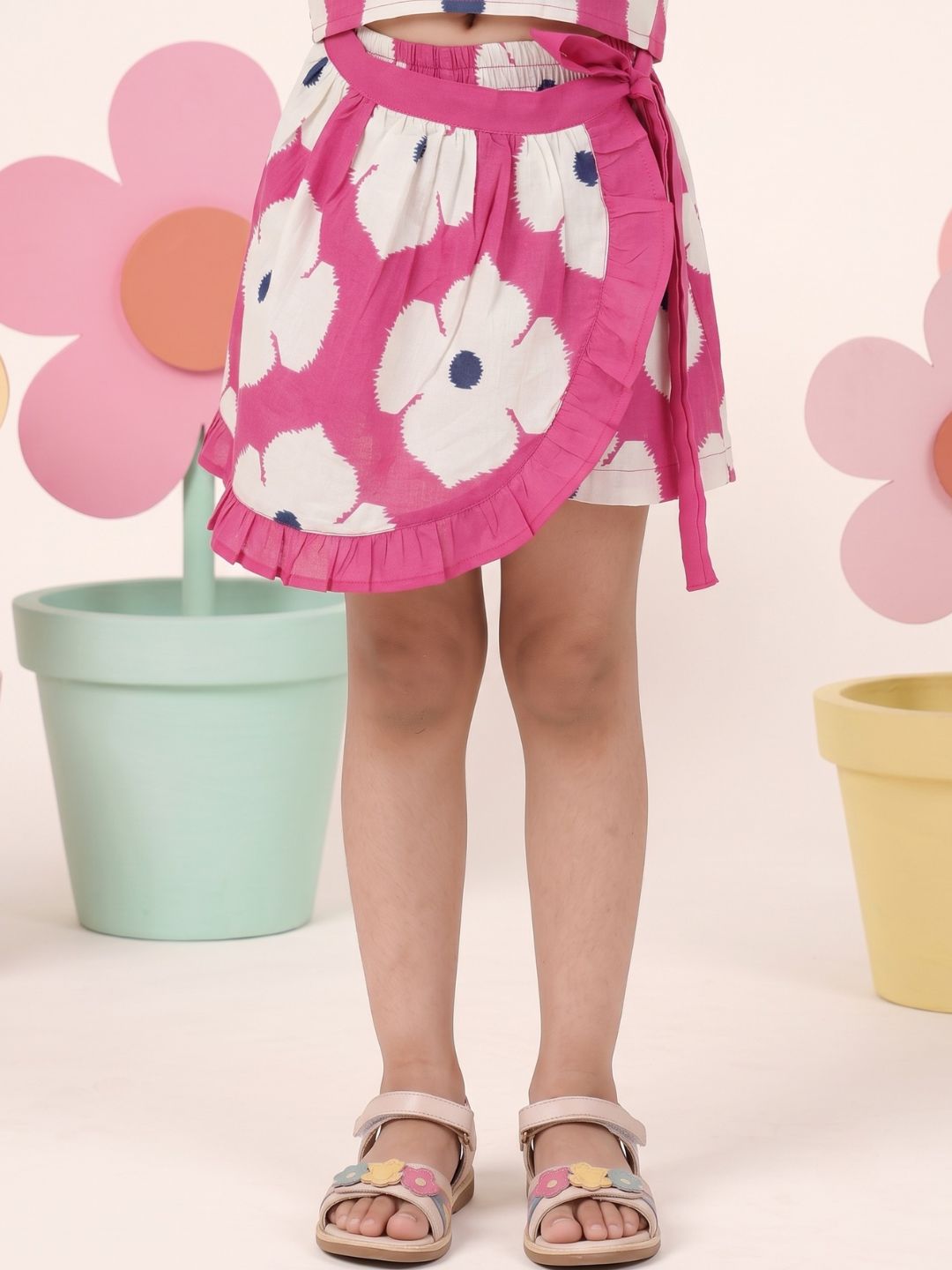 Pink Cotton Sleeveless Floral Printed Girls Top and Skort Co-Ords