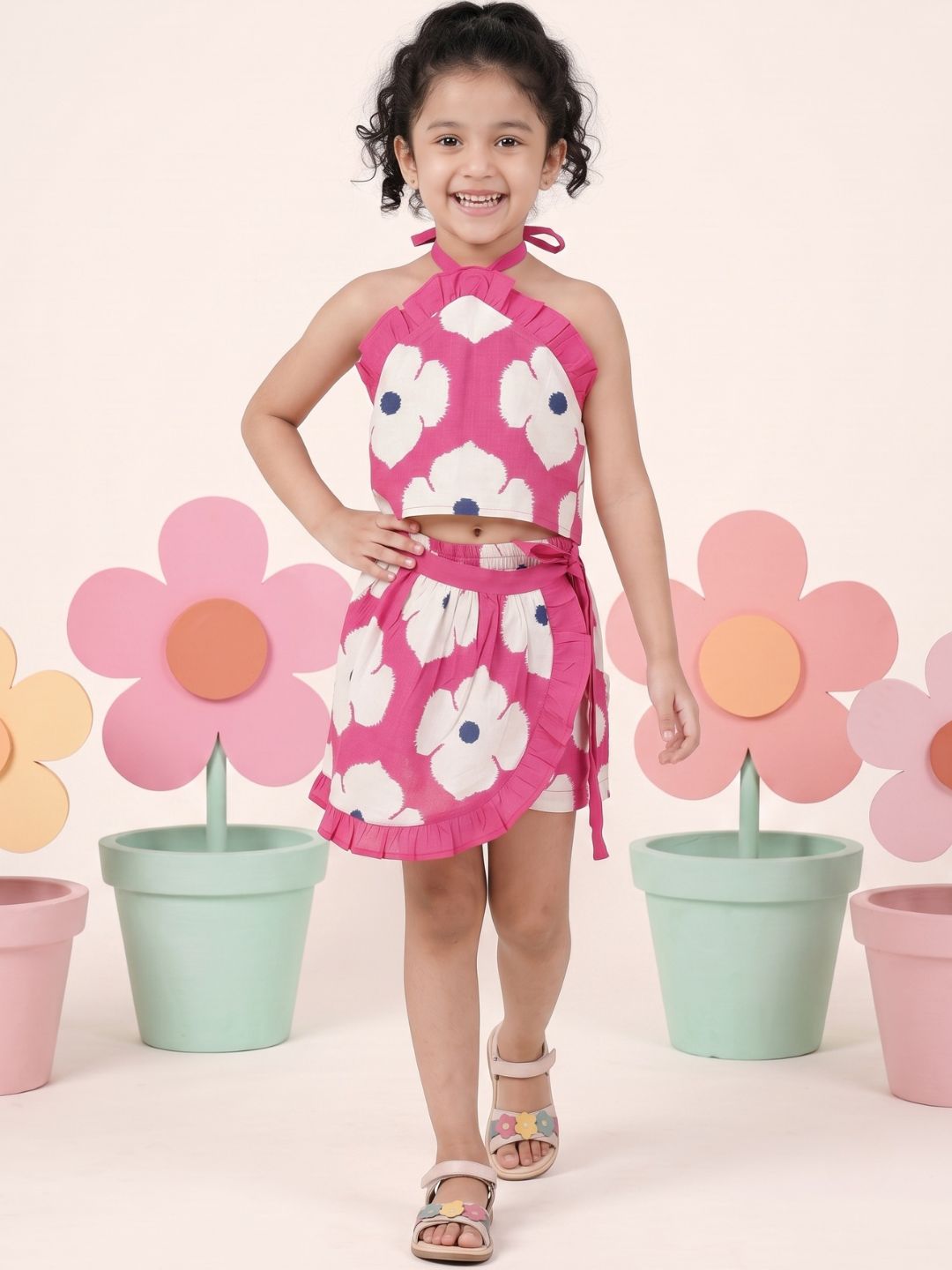 Pink Cotton Sleeveless Floral Printed Girls Top and Skort Co-Ords