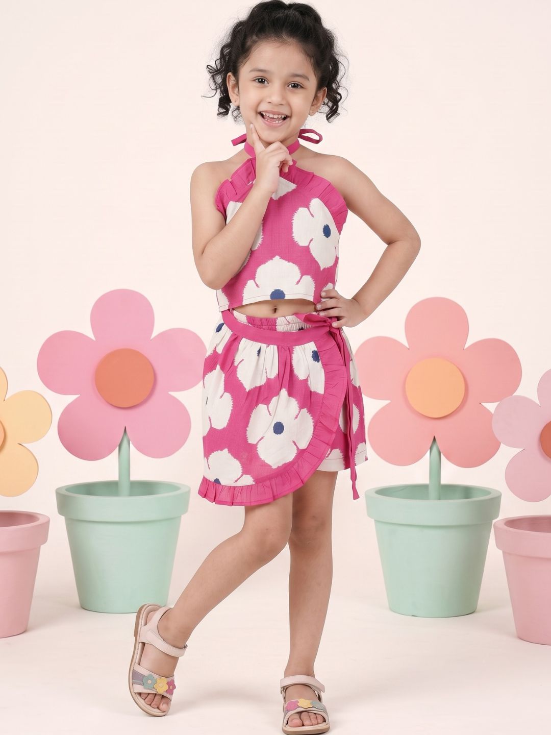 Pink Cotton Sleeveless Floral Printed Girls Top and Skort Co-Ords