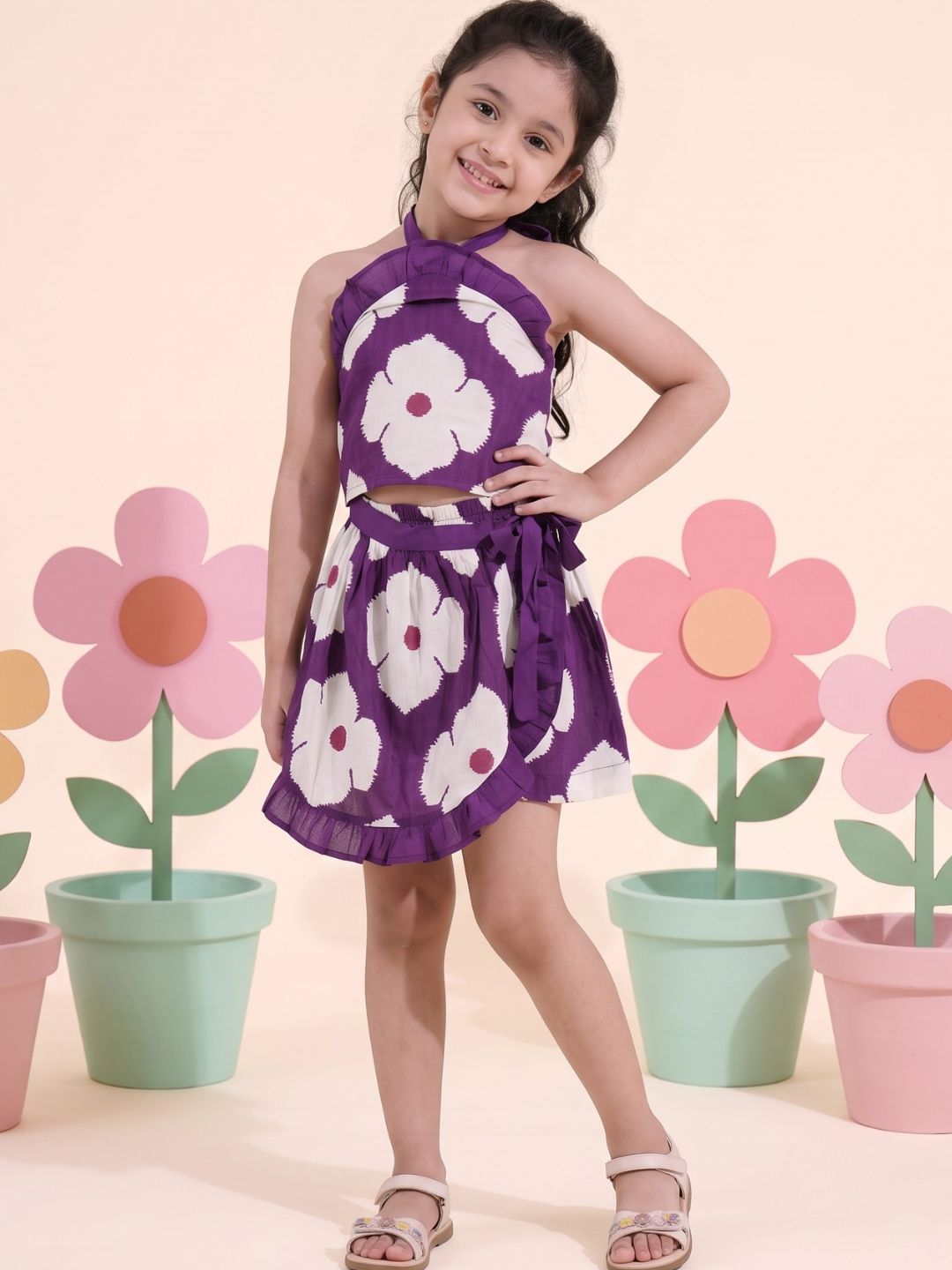 Purple Cotton Sleeveless Floral Printed Girls Top and Skort Co-Ords