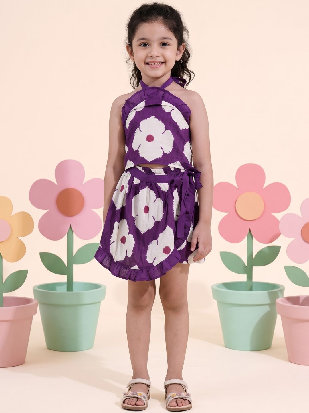 Purple Cotton Sleeveless Floral Printed Girls Top and Skort Co-Ords