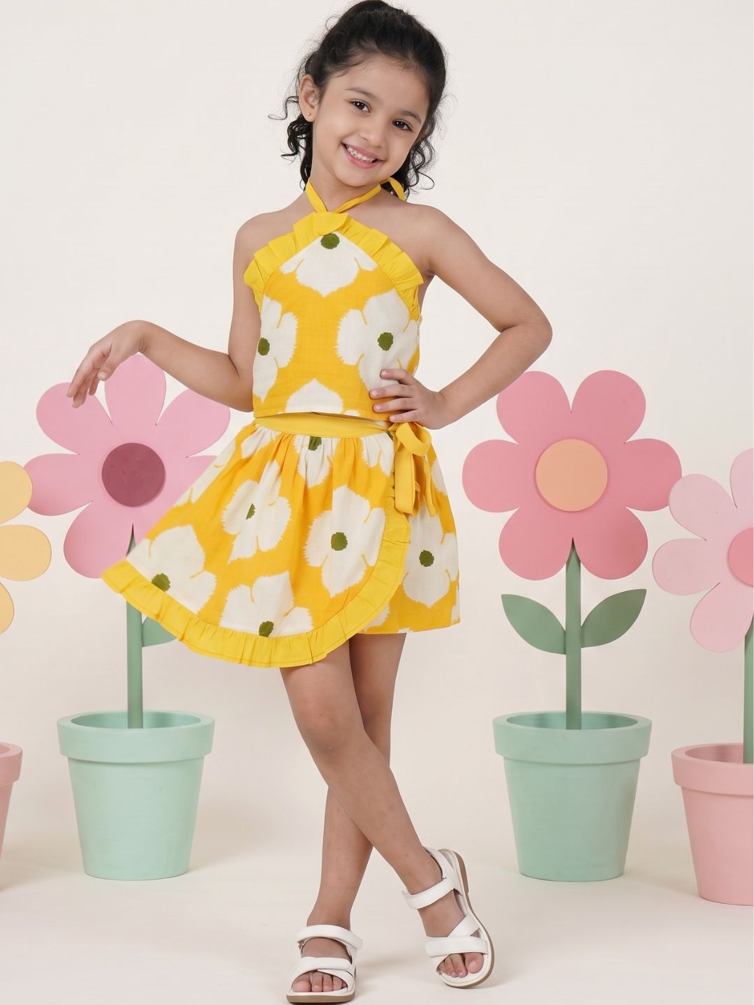 Yellow Cotton Sleeveless Floral Printed Girls Top and Skort Co-Ords