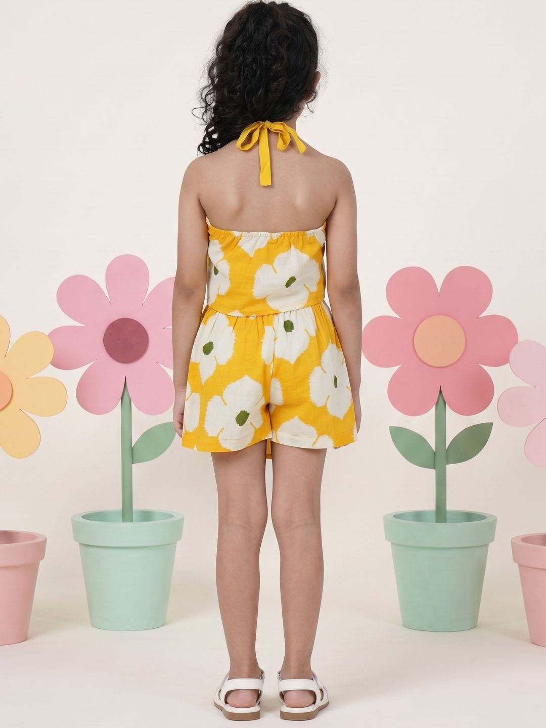 Yellow Cotton Sleeveless Floral Printed Girls Top and Skort Co-Ords